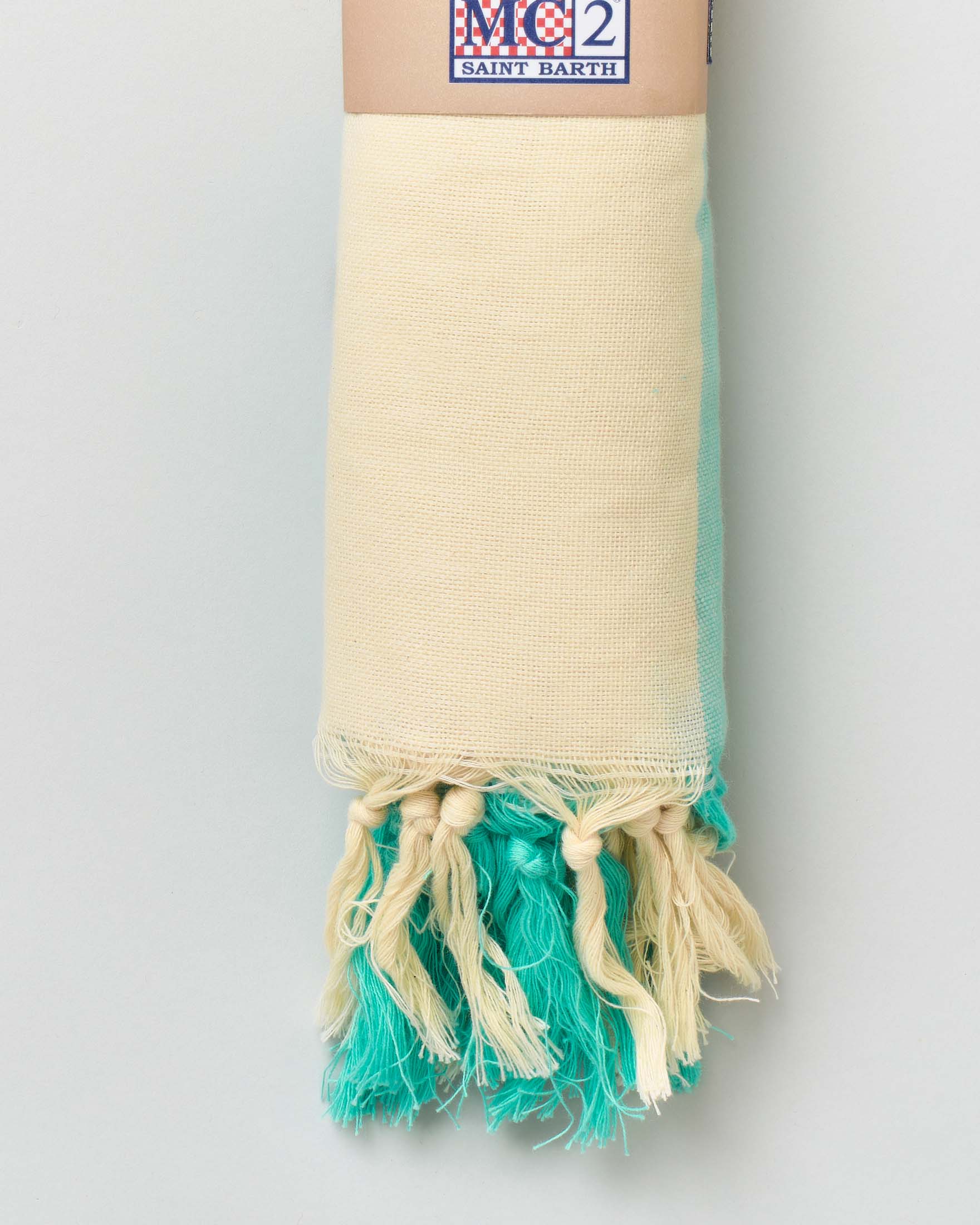 Telo mare MC2 Saint Barth in cotone a riga larga panna e acqua verticale con frange al fondo e scritta logo ricamata image