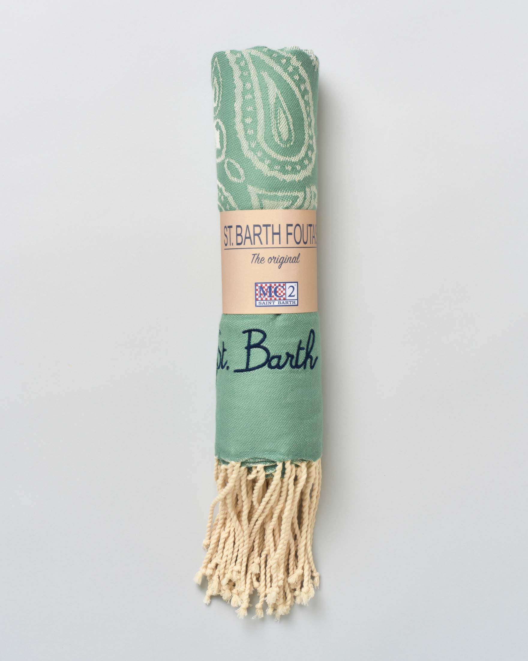 Telo mare MC2 Saint Barth verde salvia in cotone a fantasia bandana con frange al fondo e scritta logo ricamata