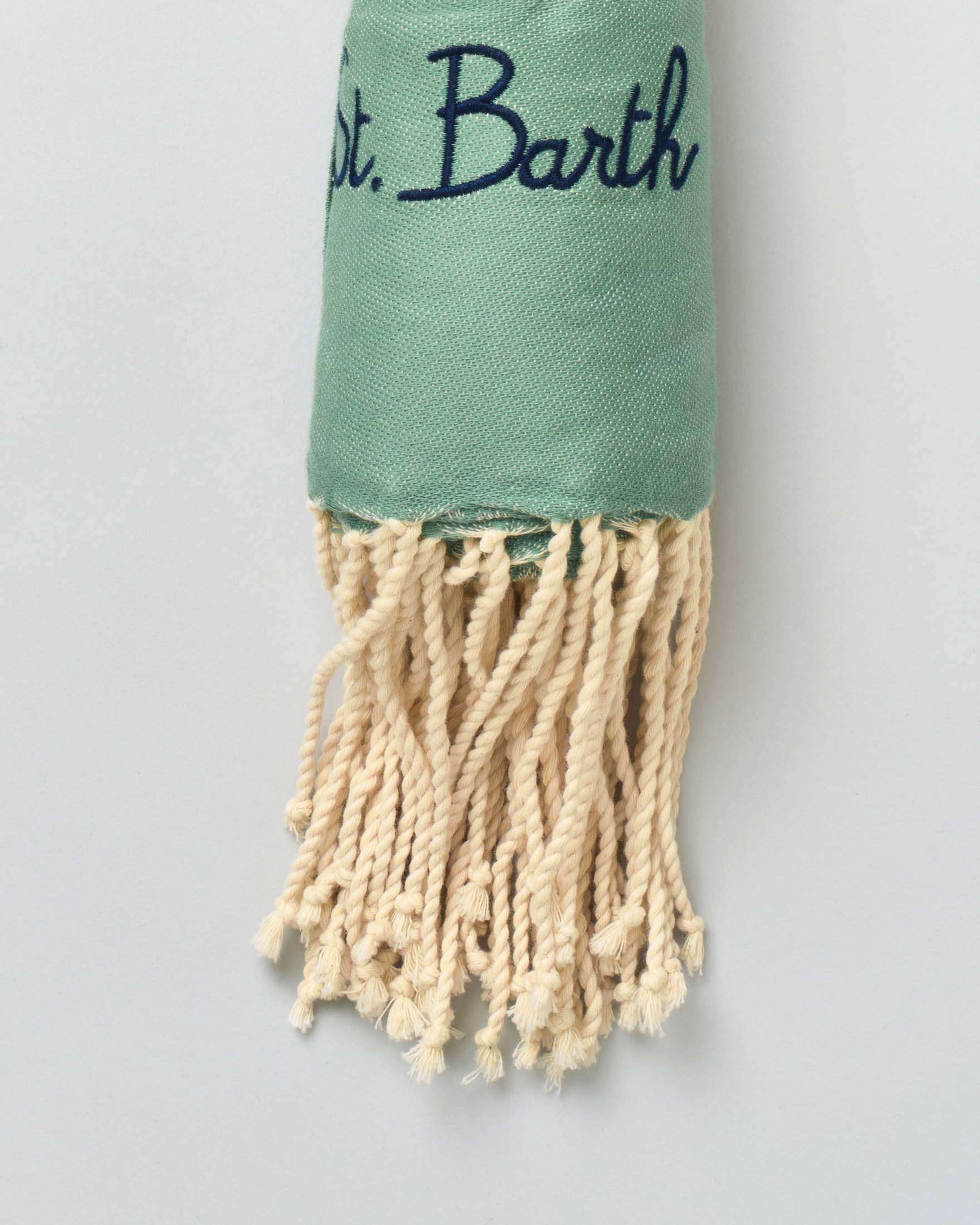 Telo mare MC2 Saint Barth verde salvia in cotone a fantasia bandana con frange al fondo e scritta logo ricamata image
