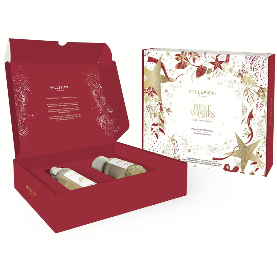 Confezione Regalo Natale Panettone Classico Home Spray 150ml.+ Diffusore a Bastoncini 100ml. Millefiori Milano