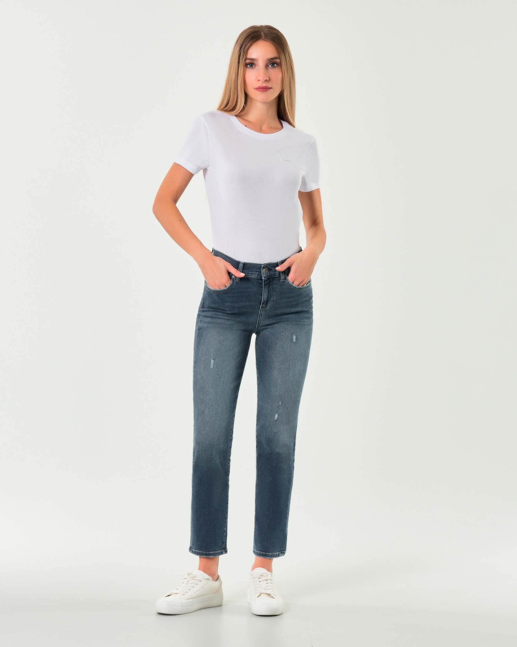Jeans slim in cotone stretch Liu Jo blu mirato con rotture e applicazioni in strass sulle tasche posteriori