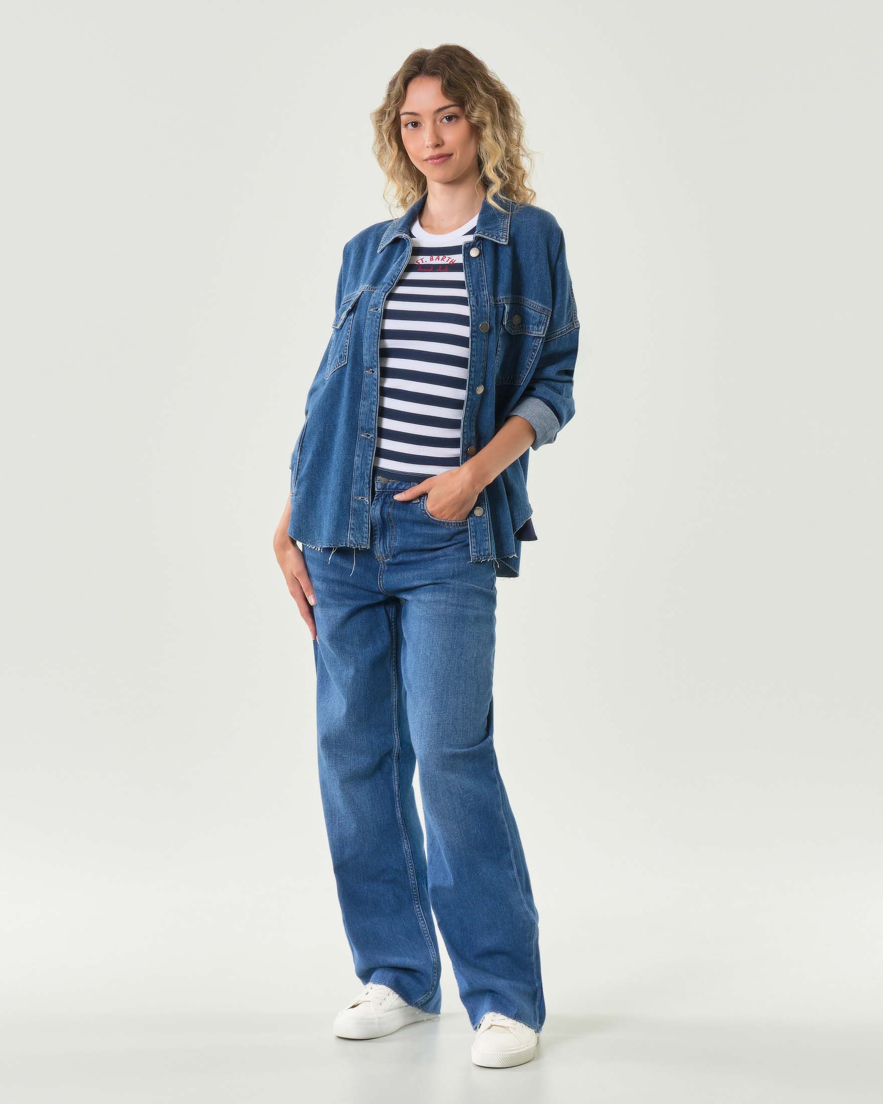 Shacket over blu Liu Jo in denim di cotone con fondo sfrangiato