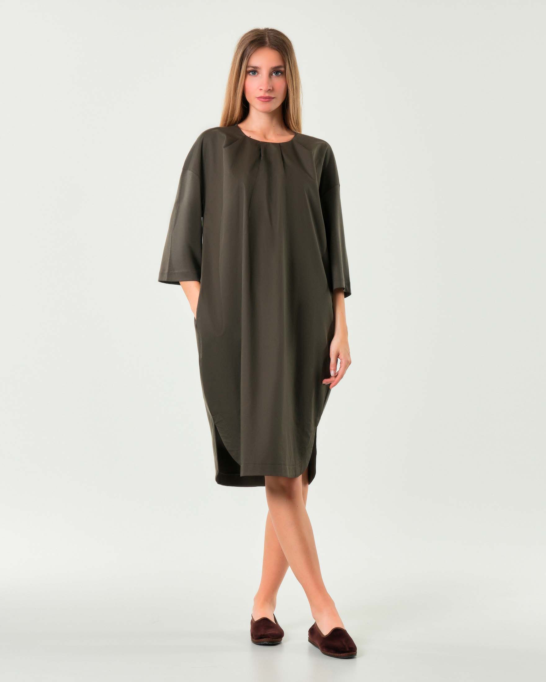 Abito midi color fango in cotone e modal MM con maniche tre quarti