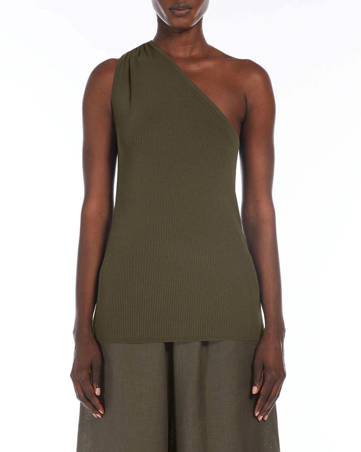 Top color fango monospalla MM Max Mara in maglia di misto viscosa a costine