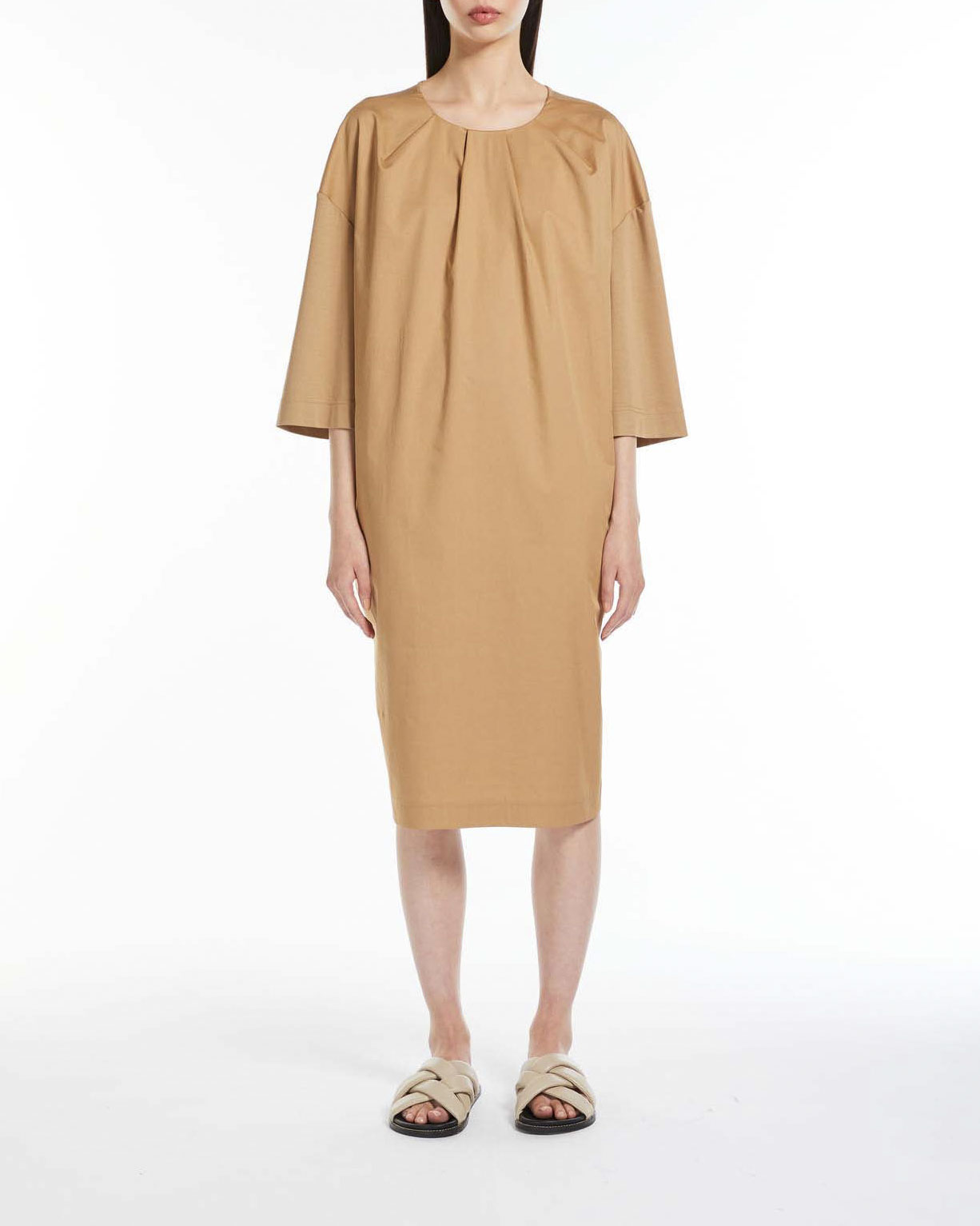 Abito midi color cammello in cotone e modal MM con maniche tre quarti