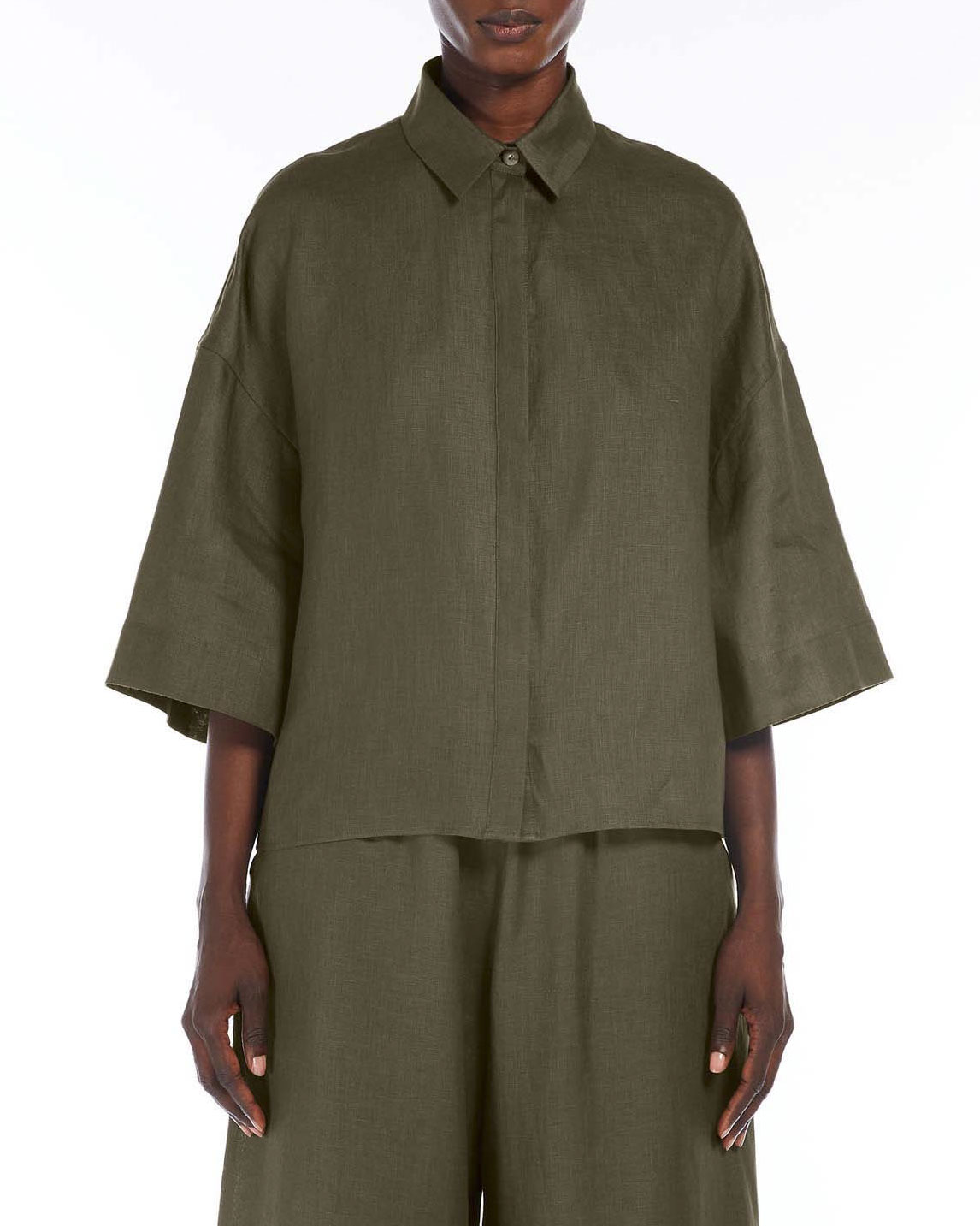 Camicia cropped verde fango MM in puro lino con maniche tre quarti