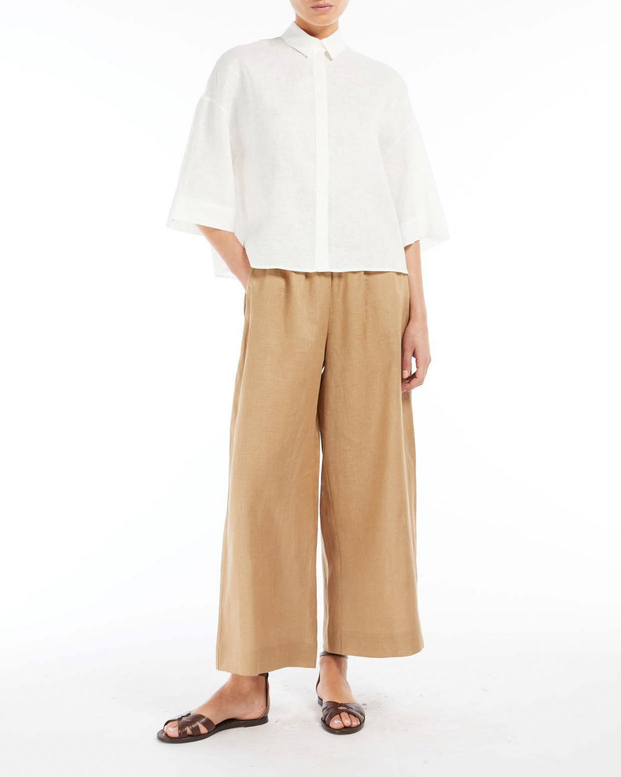 Pantaloni palazzo color cammello MM Max Mara in lino con elastico in vita