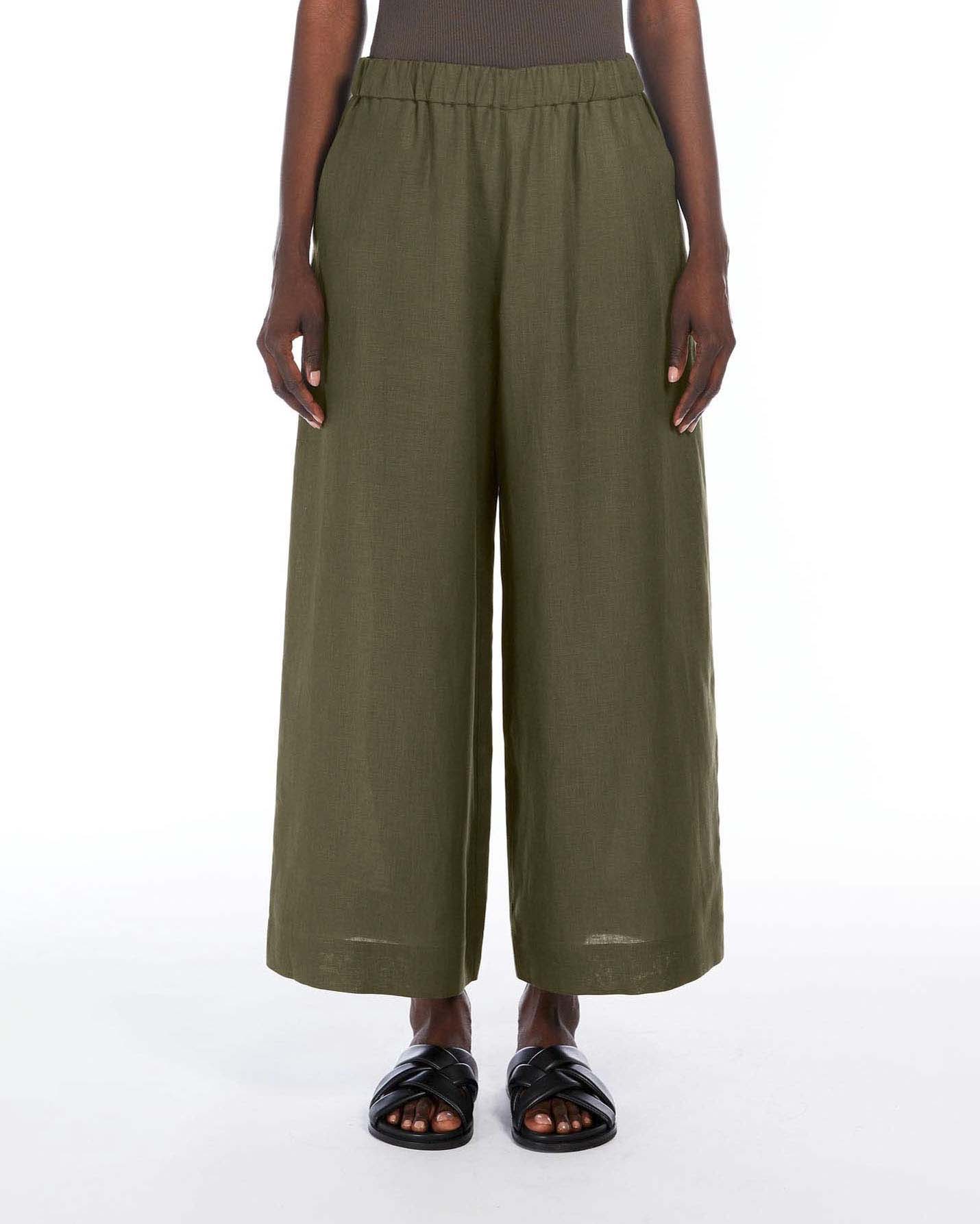 Pantaloni palazzo color fango MM Max Mara in lino con elastico in vita