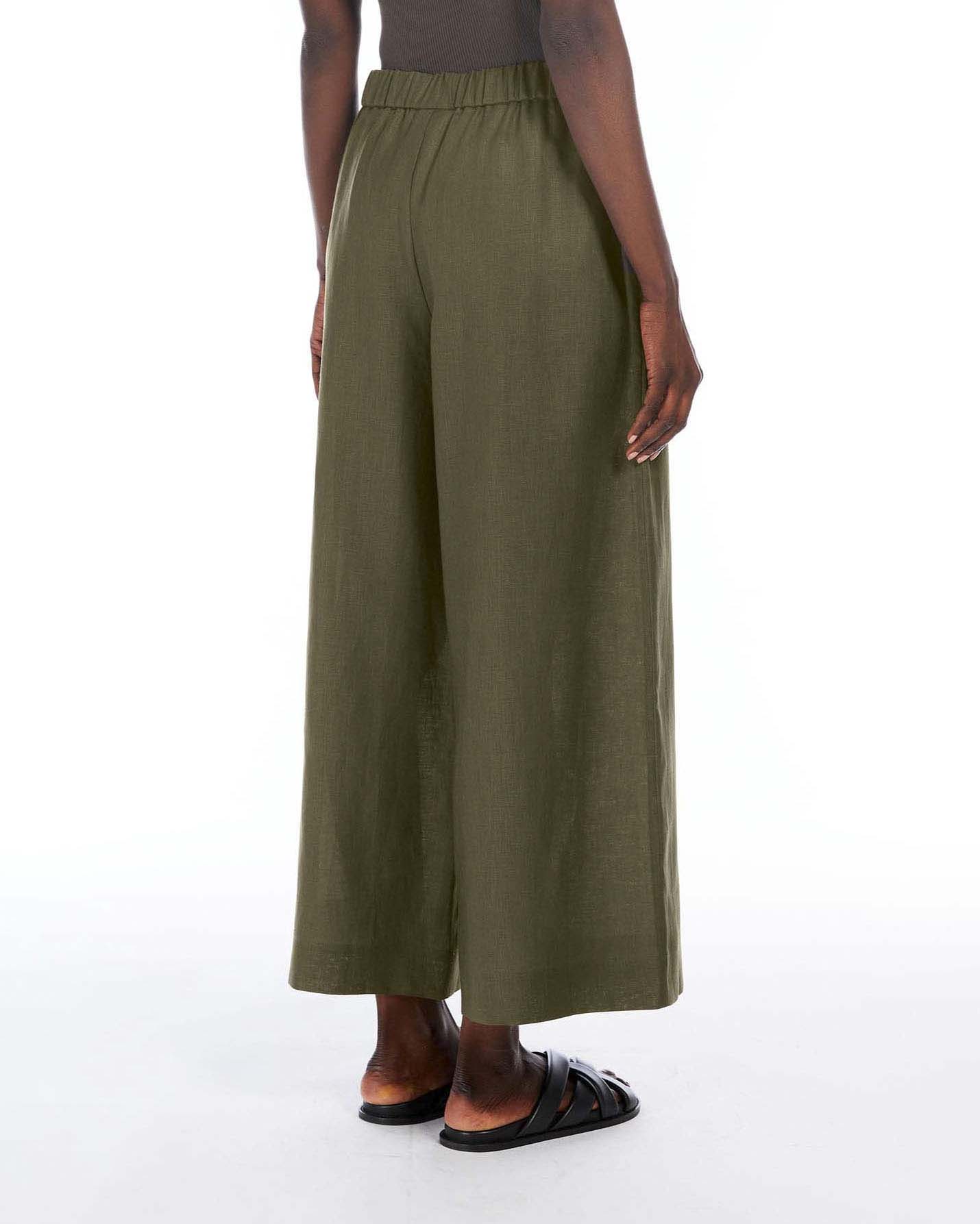 Pantaloni palazzo color fango MM Max Mara in lino con elastico in vita