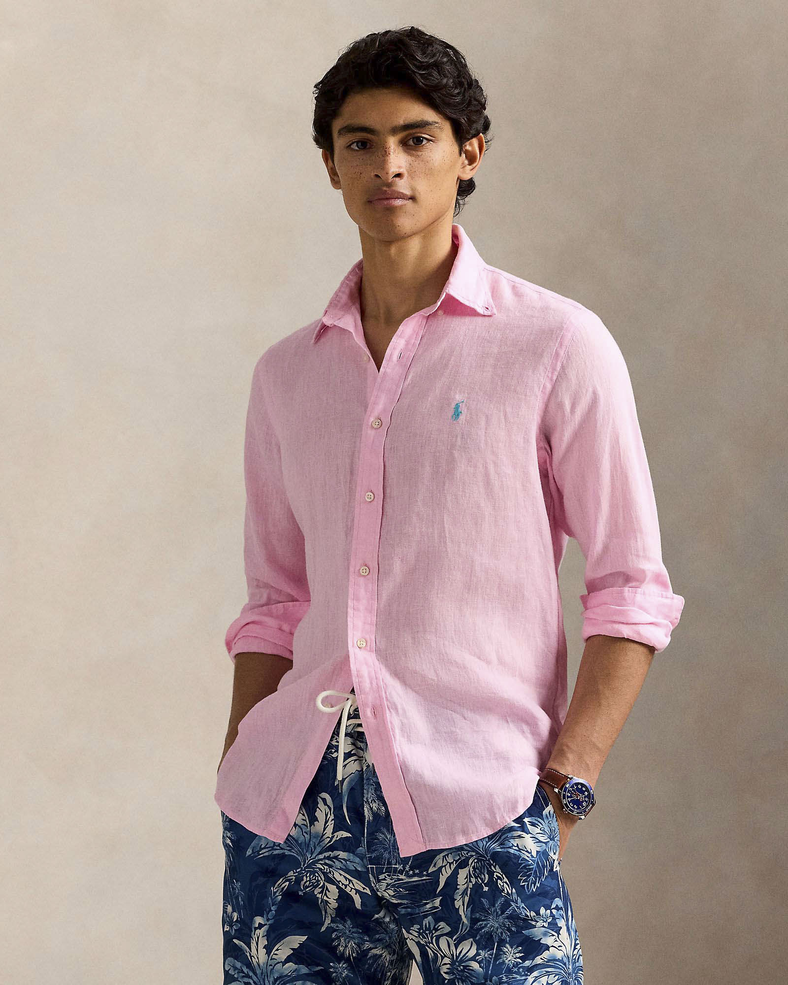Camicia Polo Ralph Lauren rosa in puro lino button down custom-fit