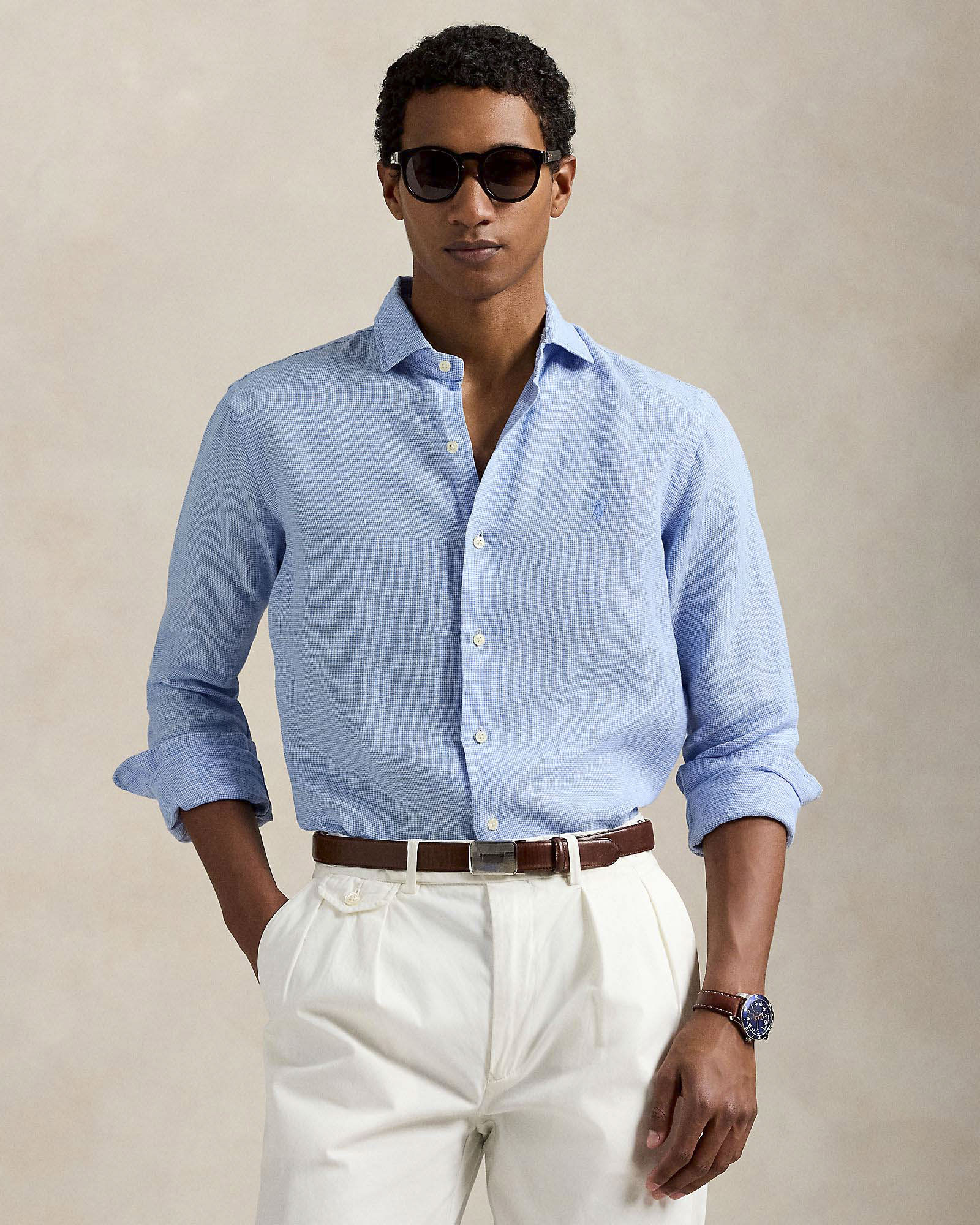 Camicia Polo Ralph Lauren custom-fit micro pied de poule azzurra in puro lino con colletto aperto alla francese