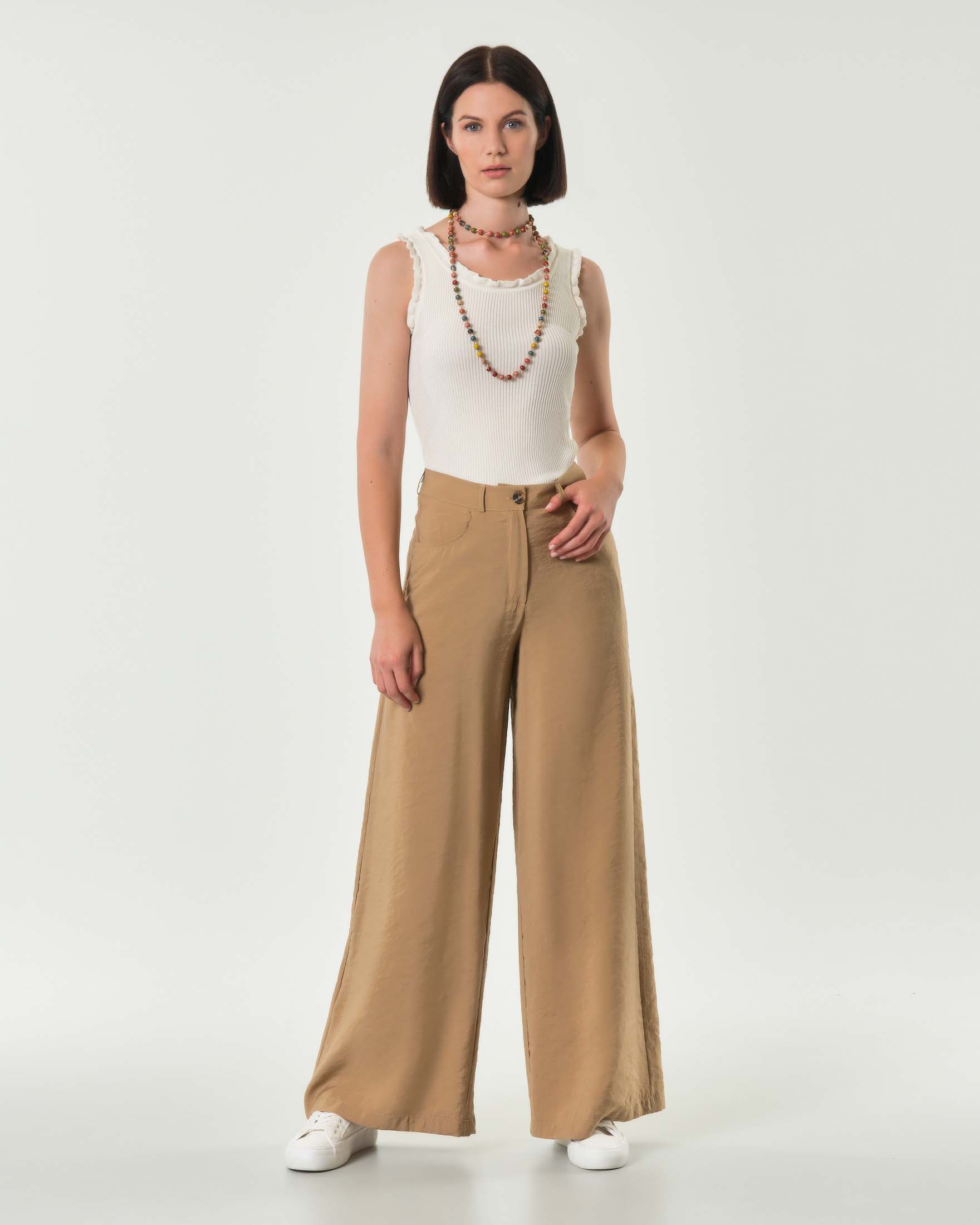 Pantaloni palazzo color nocciola Hlo! in modal effetto froisse con doppia pinces in vita