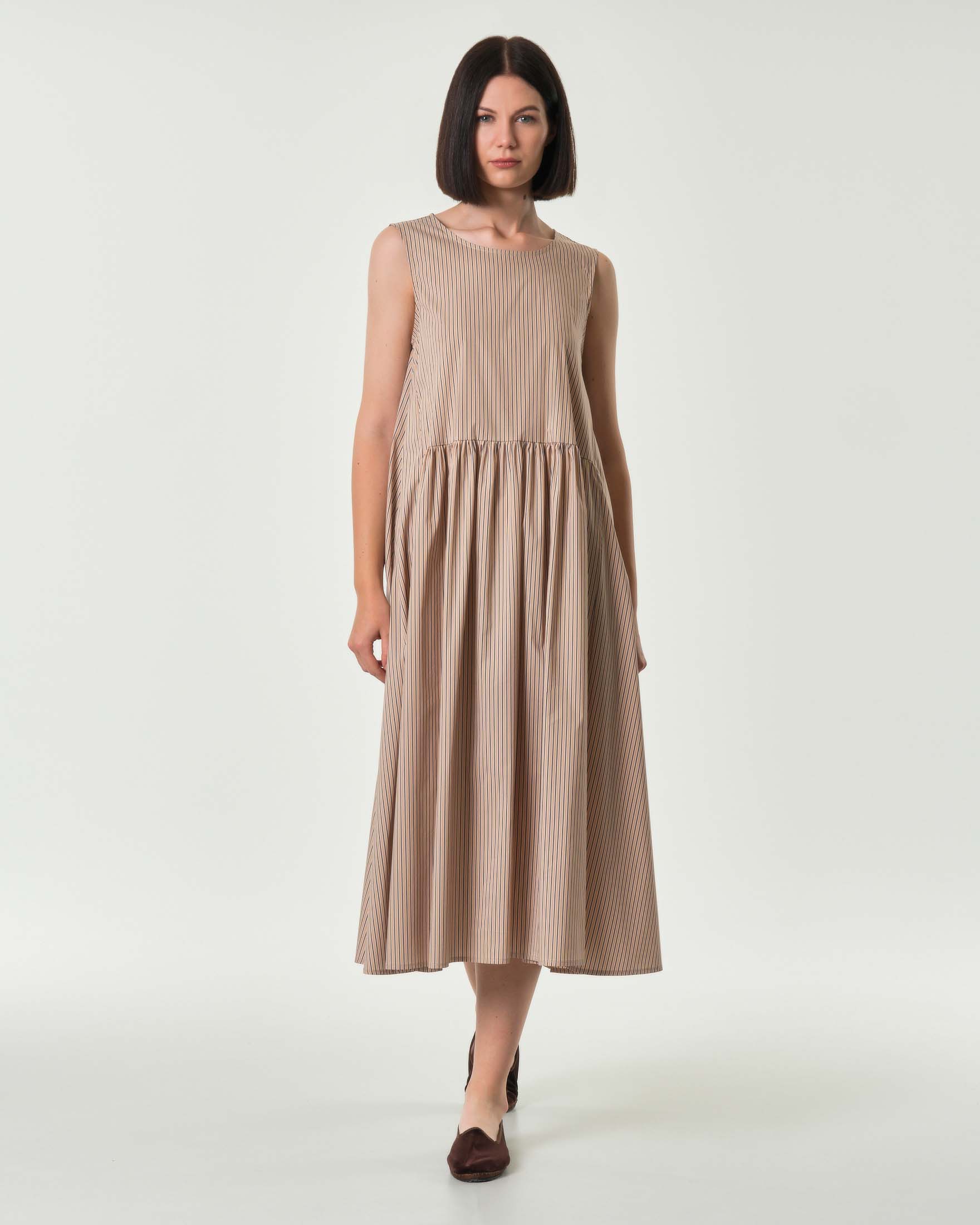 Abito midi senza maniche beige a righe nere con taglio in vita arricciato