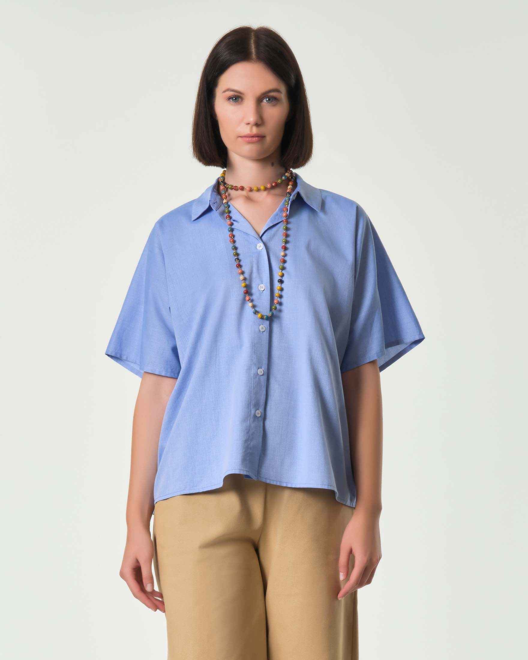 Camicia a maniche corte azzurra in cotone Oxford