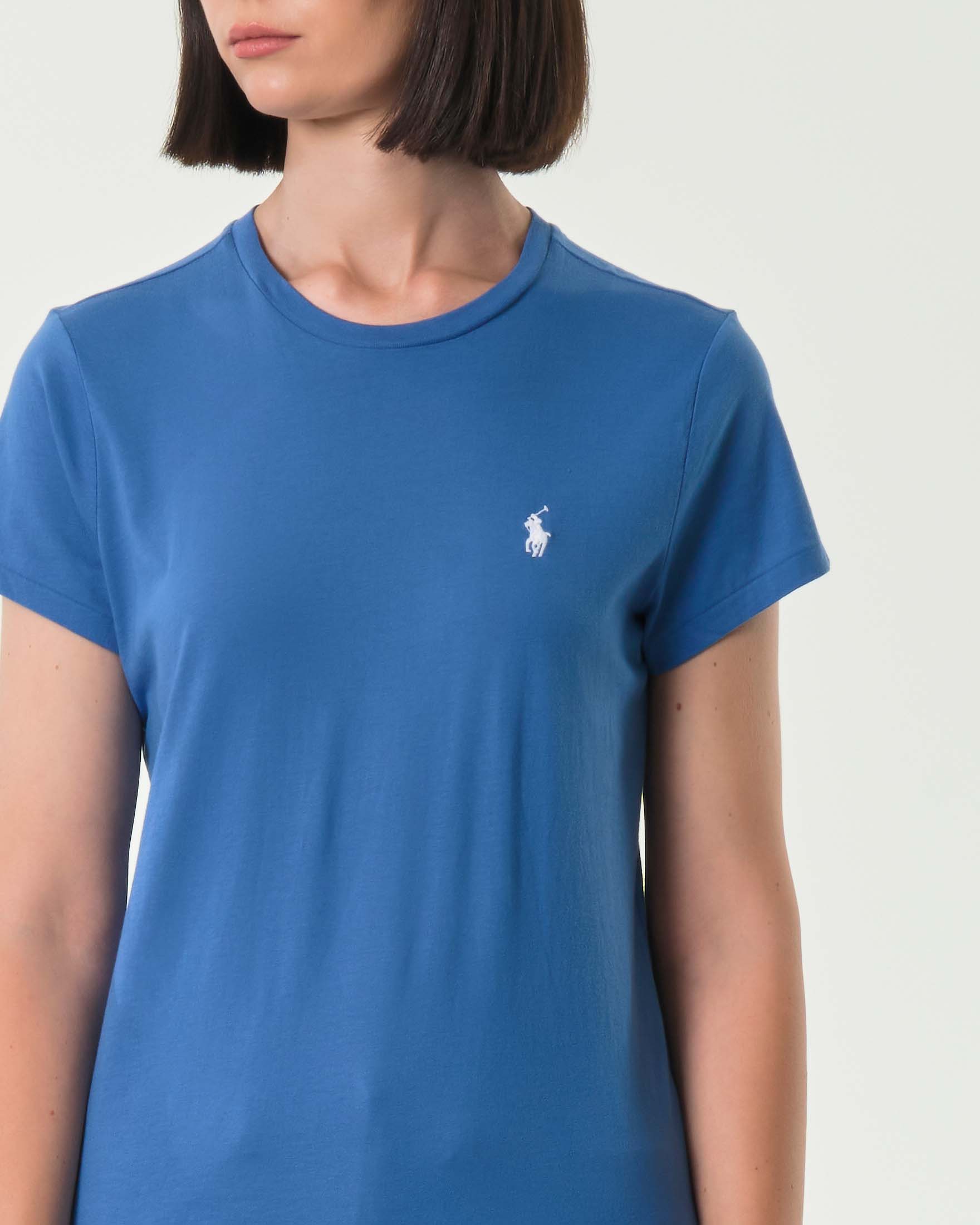 T-shirt bluette Polo Ralph Laure in cotone con scollo tondo e logo bianco ricamato