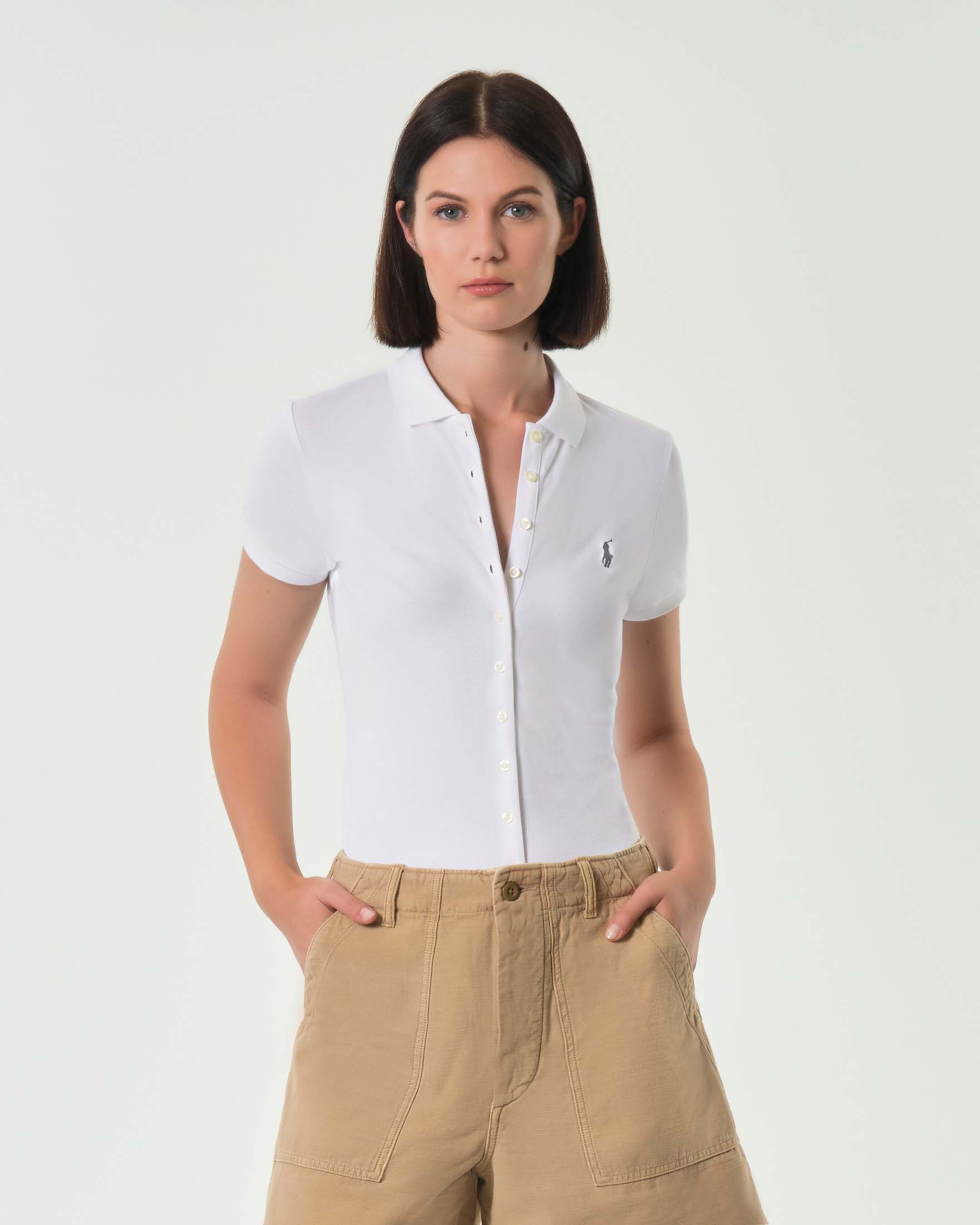 Polo bianca Polo in piquè di cotone con chiusura frontale a bottoni