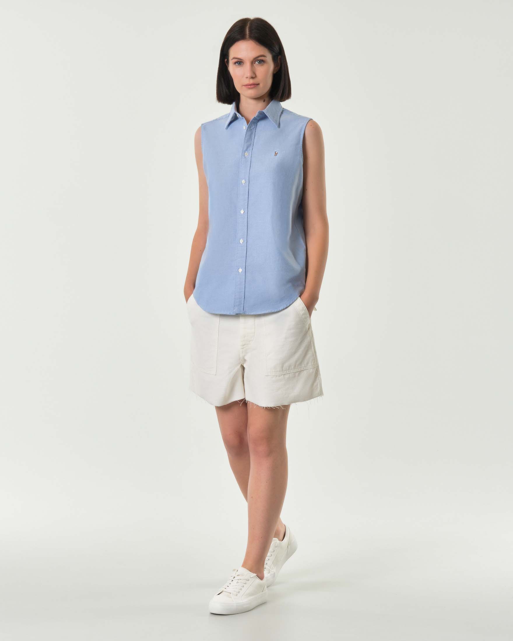 Camicia azzurra Polo in cotone Oxford senza maniche Polo con logo ricamato