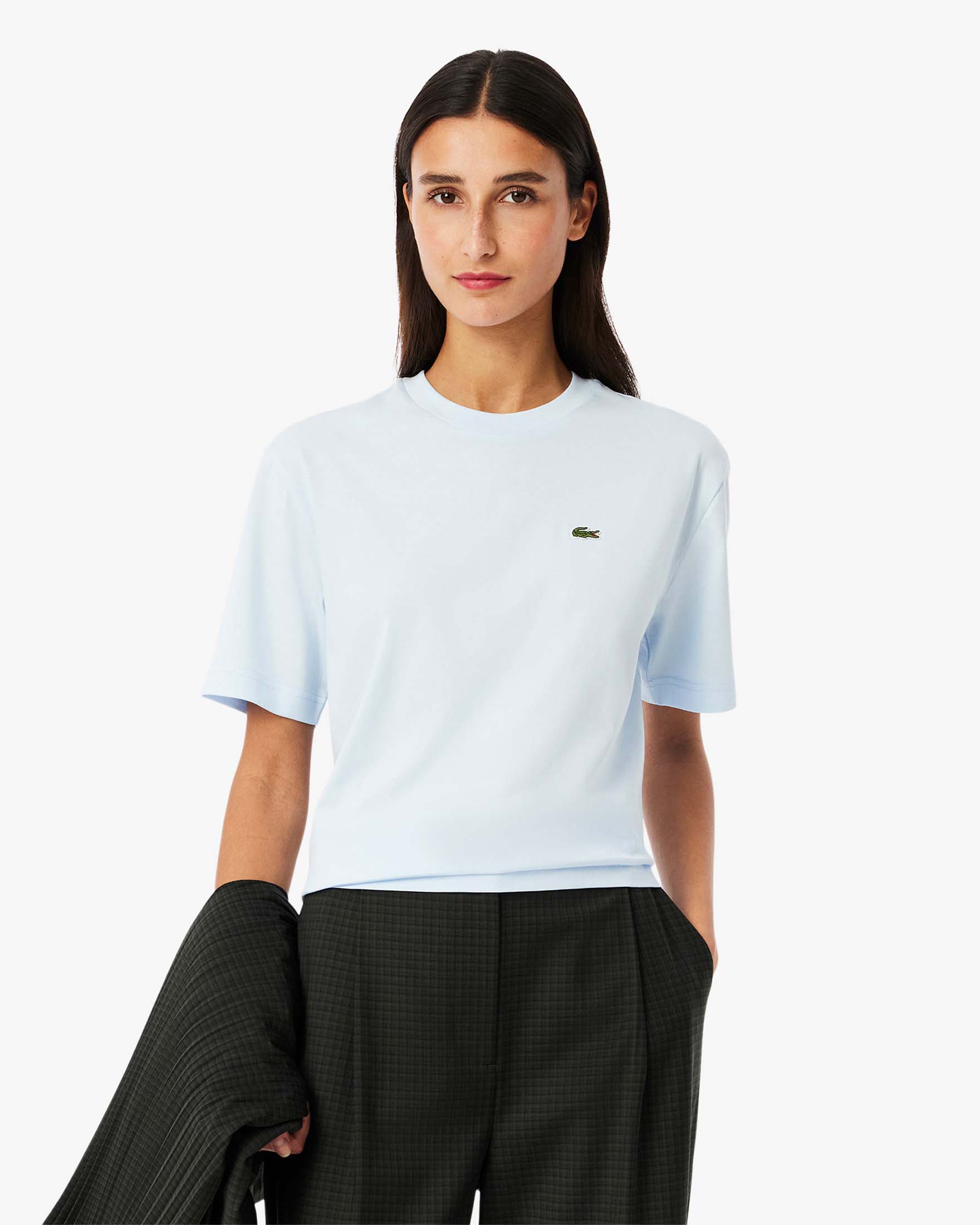 T-shirt boxy azzurra Lacoste in cotone Pima con coccodrillo verde ricamato sul petto