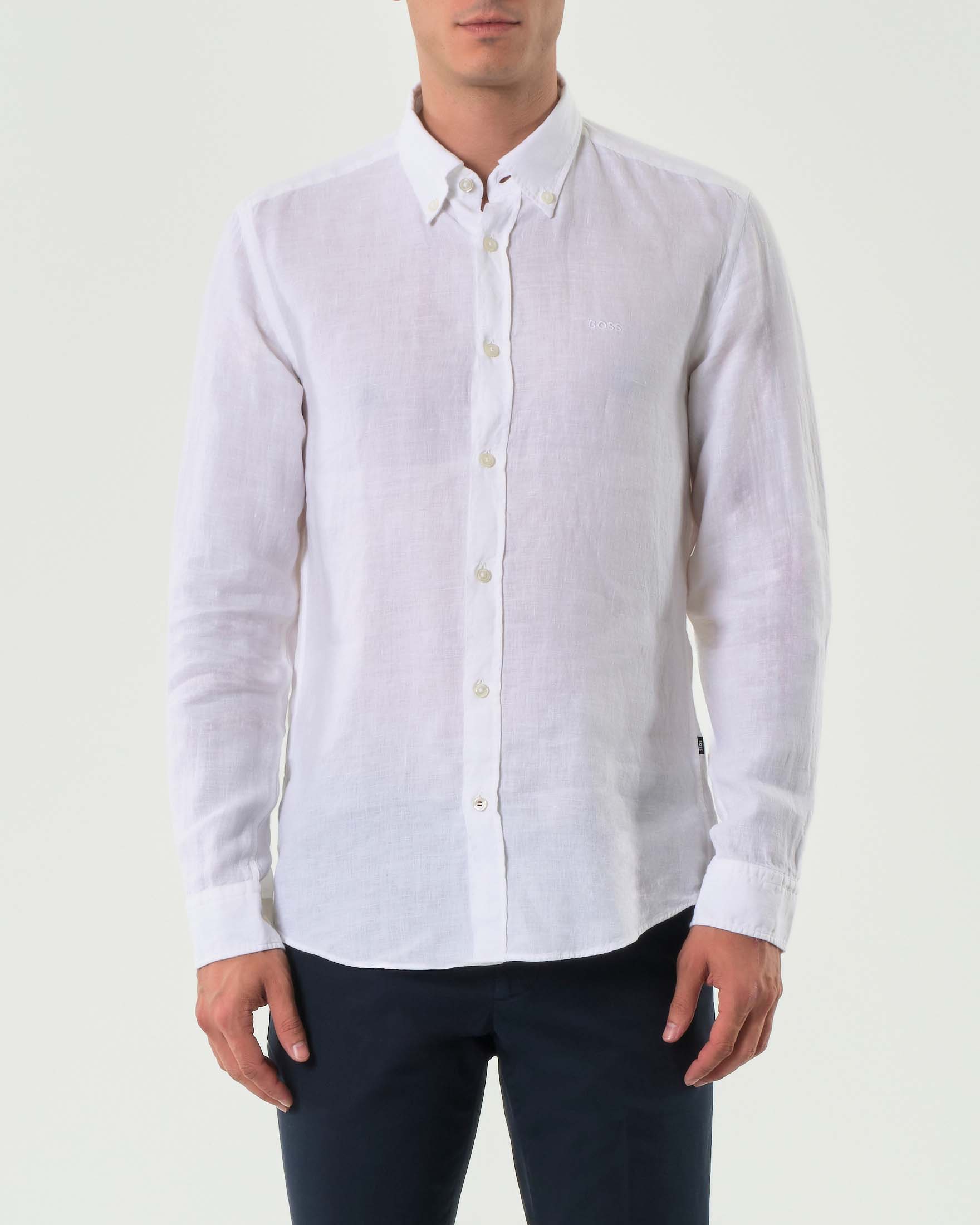 Camicia Roan bianca slim fit in puro lino con colletto button down