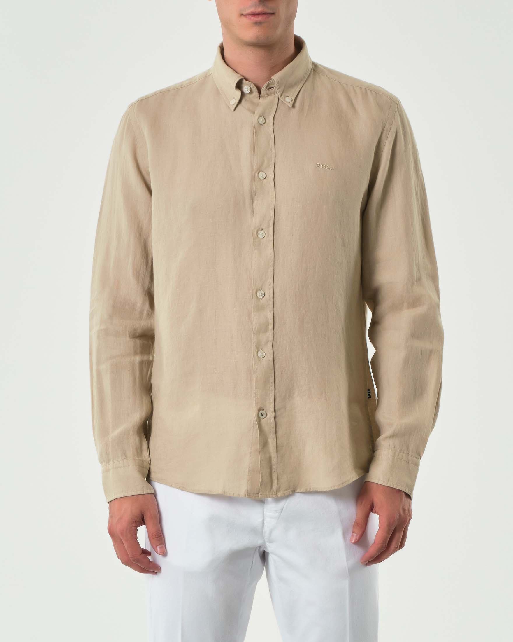 Camicia Roan beige slim fit in puro lino con colletto button down