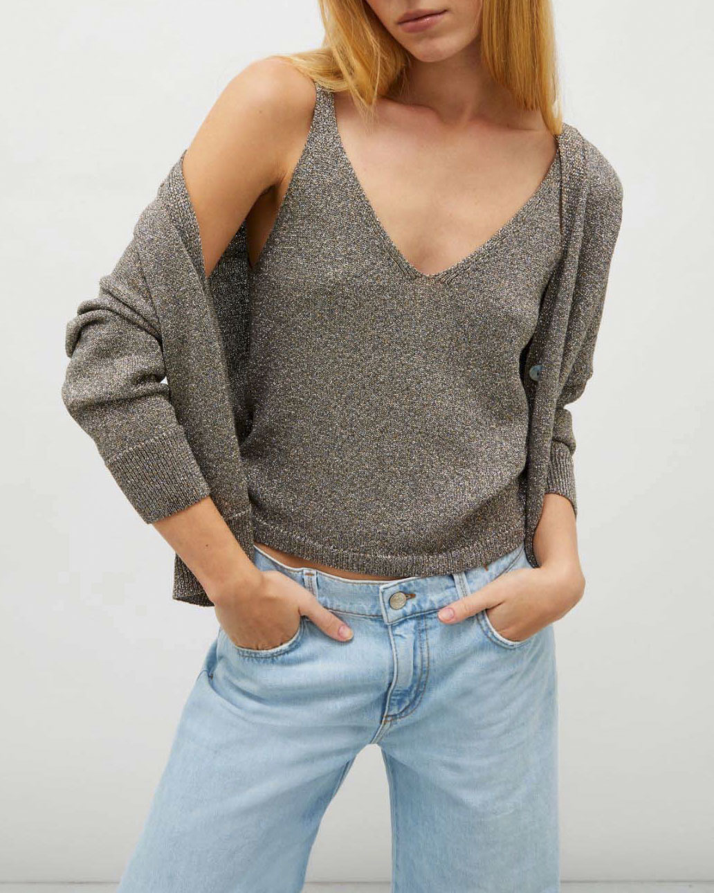 Top in maglia Marella color oro in viscosa a fettuccia con inserti in lurex