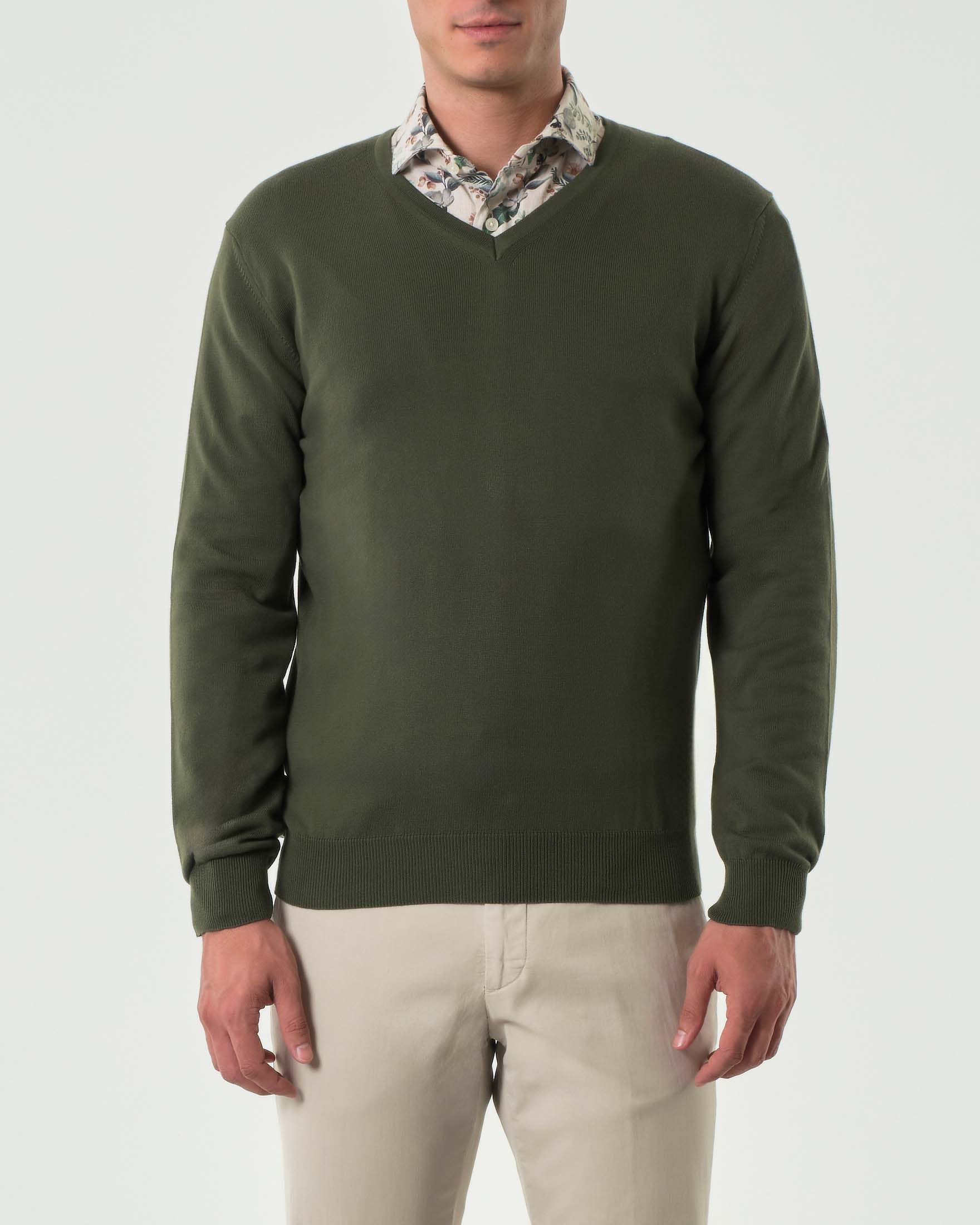 Maglia Pellizzari verde militare scollo a V in puro cotone made in Italy