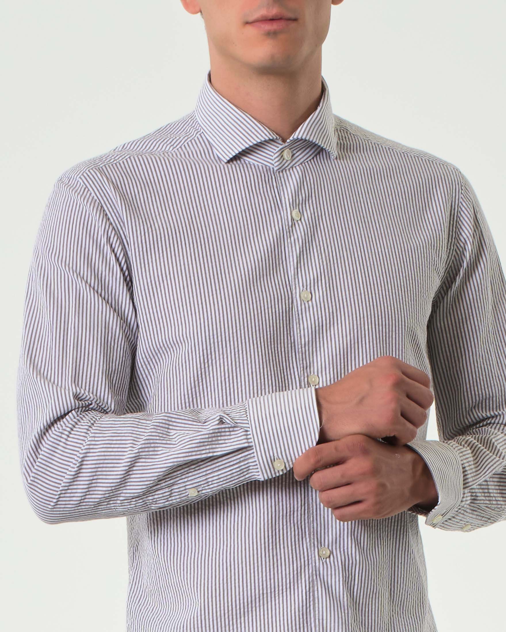 Camicia Xacus bastoncino bianco grigio in seersucker di puro cotone tailor fit