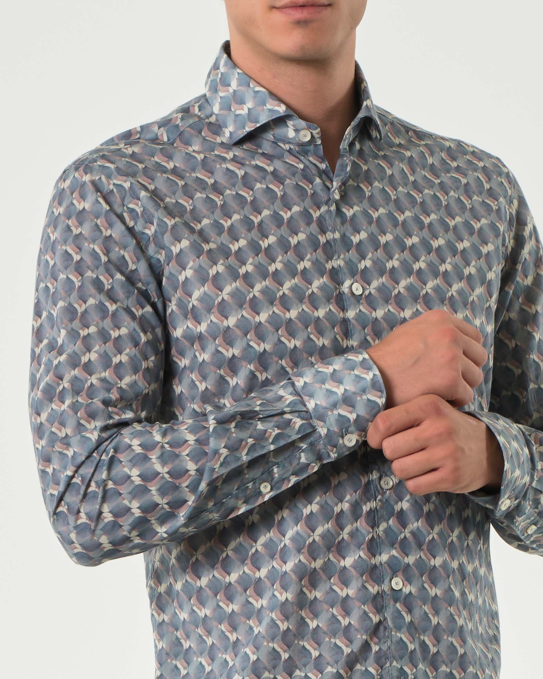 Camicia Xacus in mussola di cotone a fantasia geometrica indaco e rosa