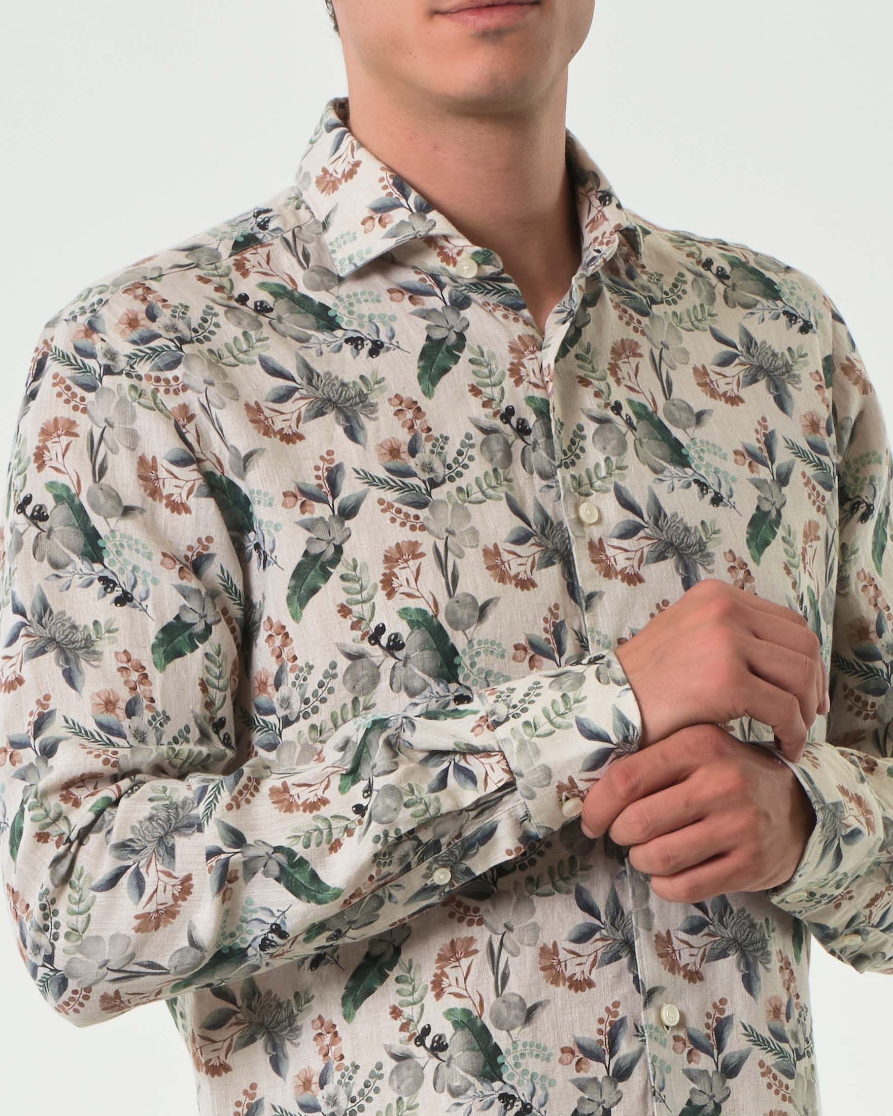 Camicia Xacus panna in puro lino a fantasia floreale