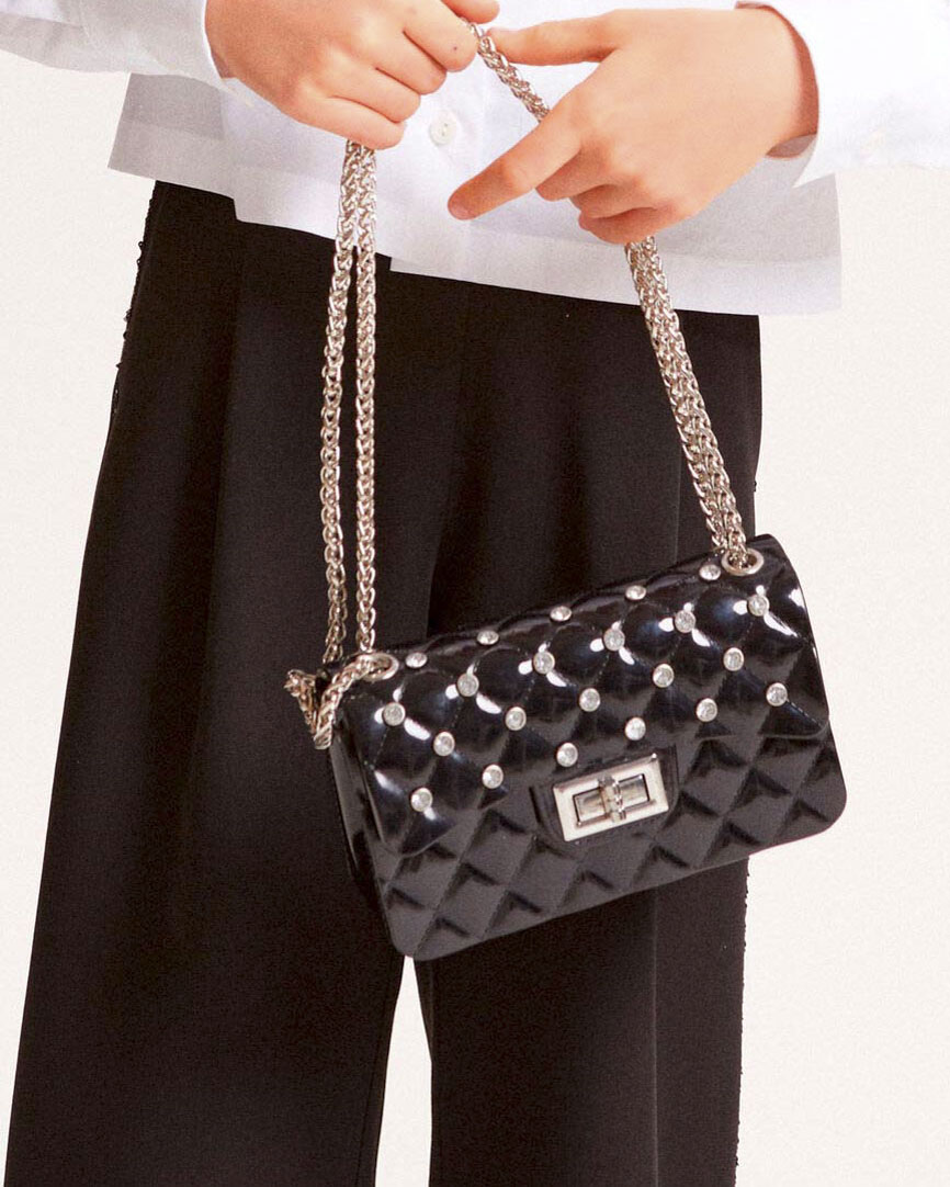 Borsa Monnalisa nera trapuntata con tracolla a catena e strass
