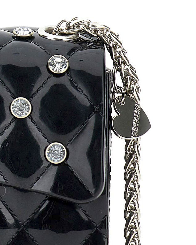 Borsa Monnalisa nera trapuntata con tracolla a catena e strass