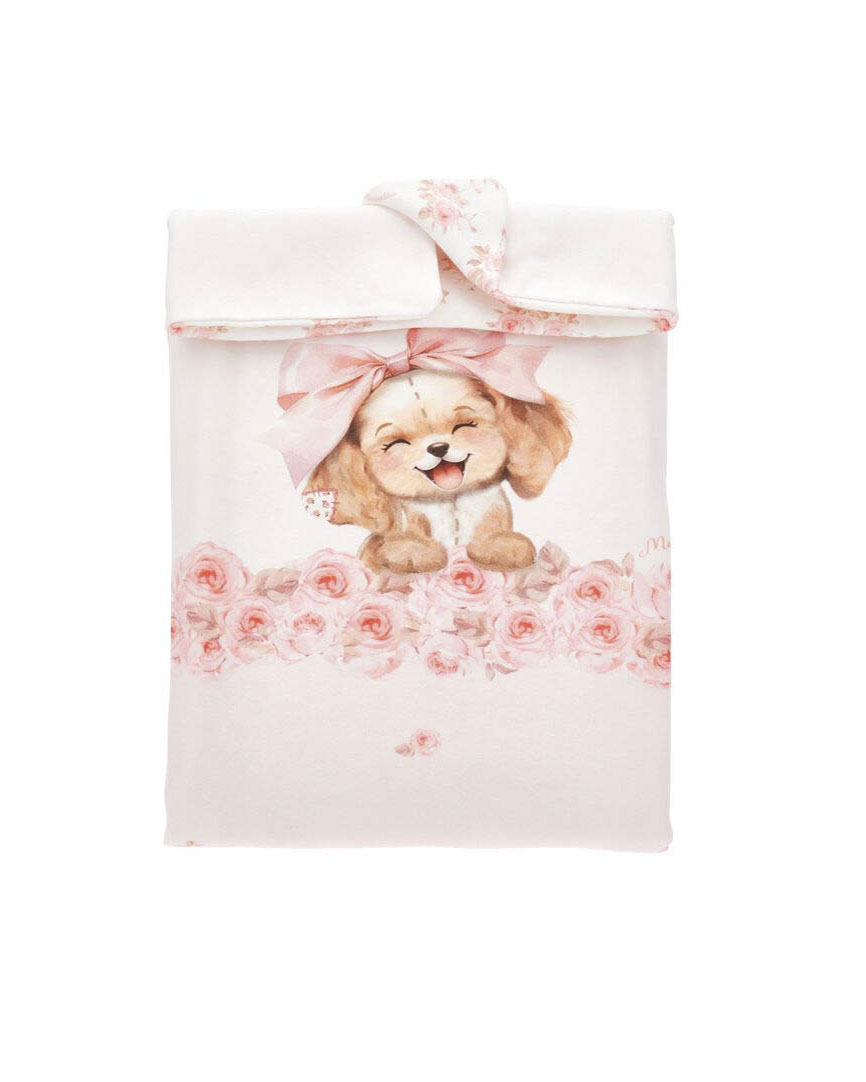 Copertina Monnalisa avorio con fantasia cagnolino e rose in puro cotone