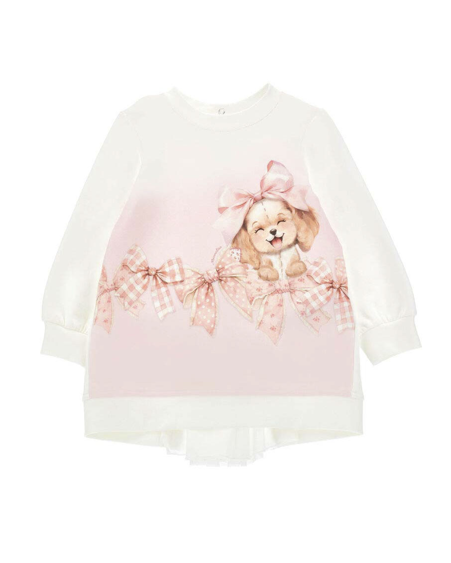 Abito Monnalisa color avorio a maniche lunghe in felpa di cotone stretch con cagnolino e fiocchi