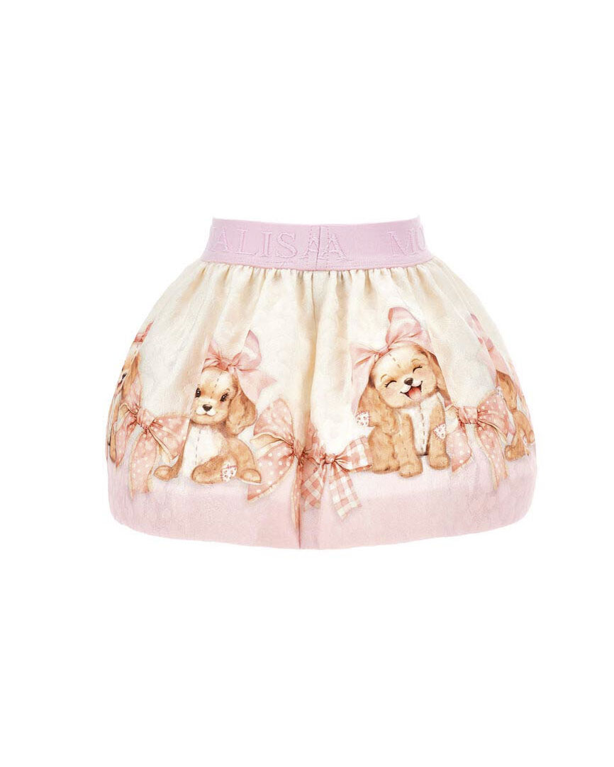 Gonna Monnalisa in matelassé color avorio e rosa con cagnolino e fiocchi