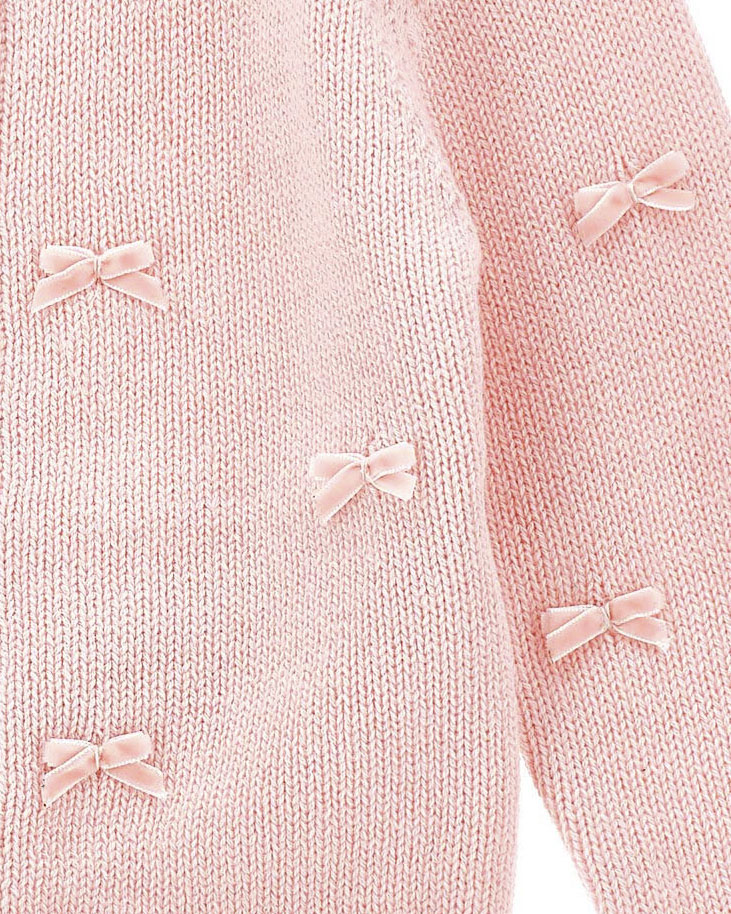Maglioncino Monnalisa rosa in misto cotone e lana con fiocchetti ricamati all over