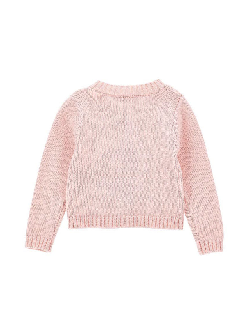 Maglioncino Monnalisa rosa in misto cotone e lana con fiocchetti ricamati all over