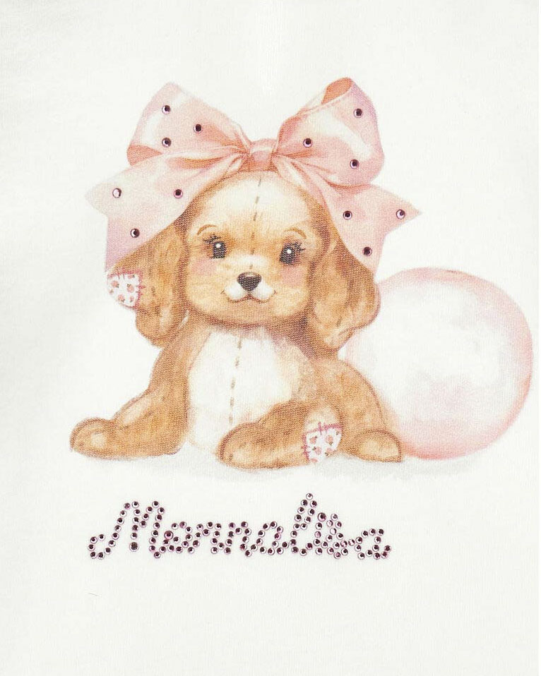 T-shirt manica lunga Monnalisa color avorio con stampa cagnolino e strass