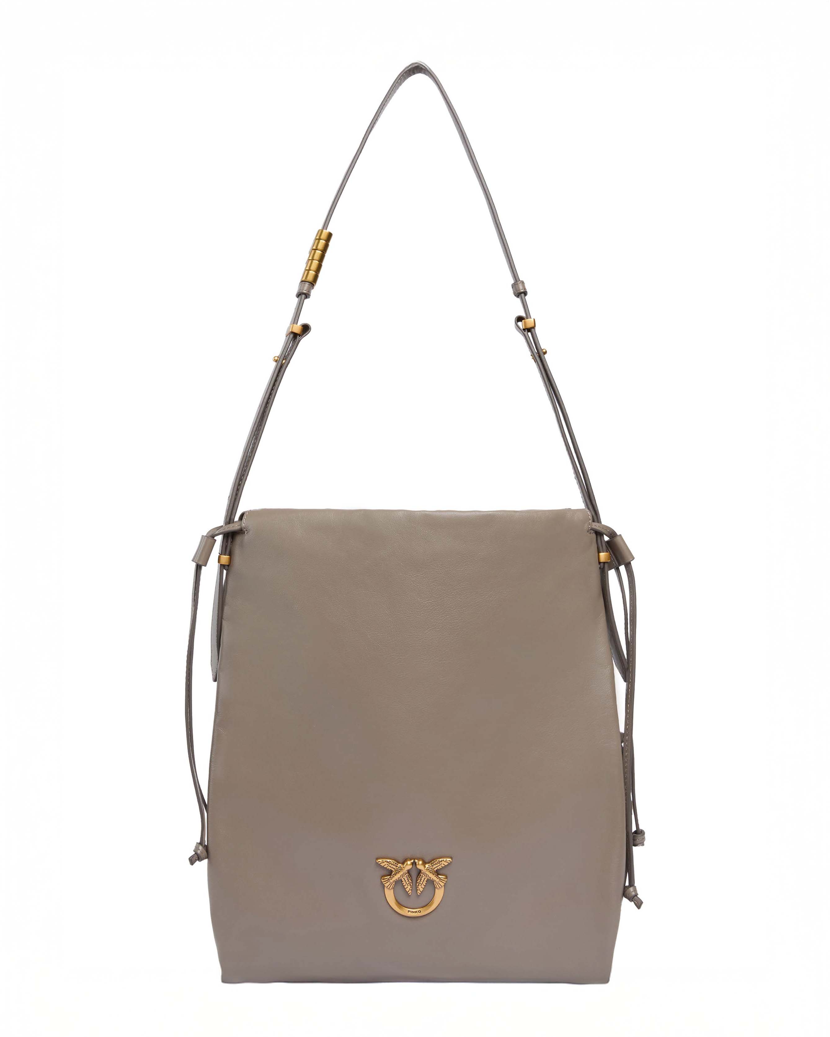 Sacchetto Pinko color tortora in pelle liscia misura media con fibbia Love Birds dorata e tracolla regolabile