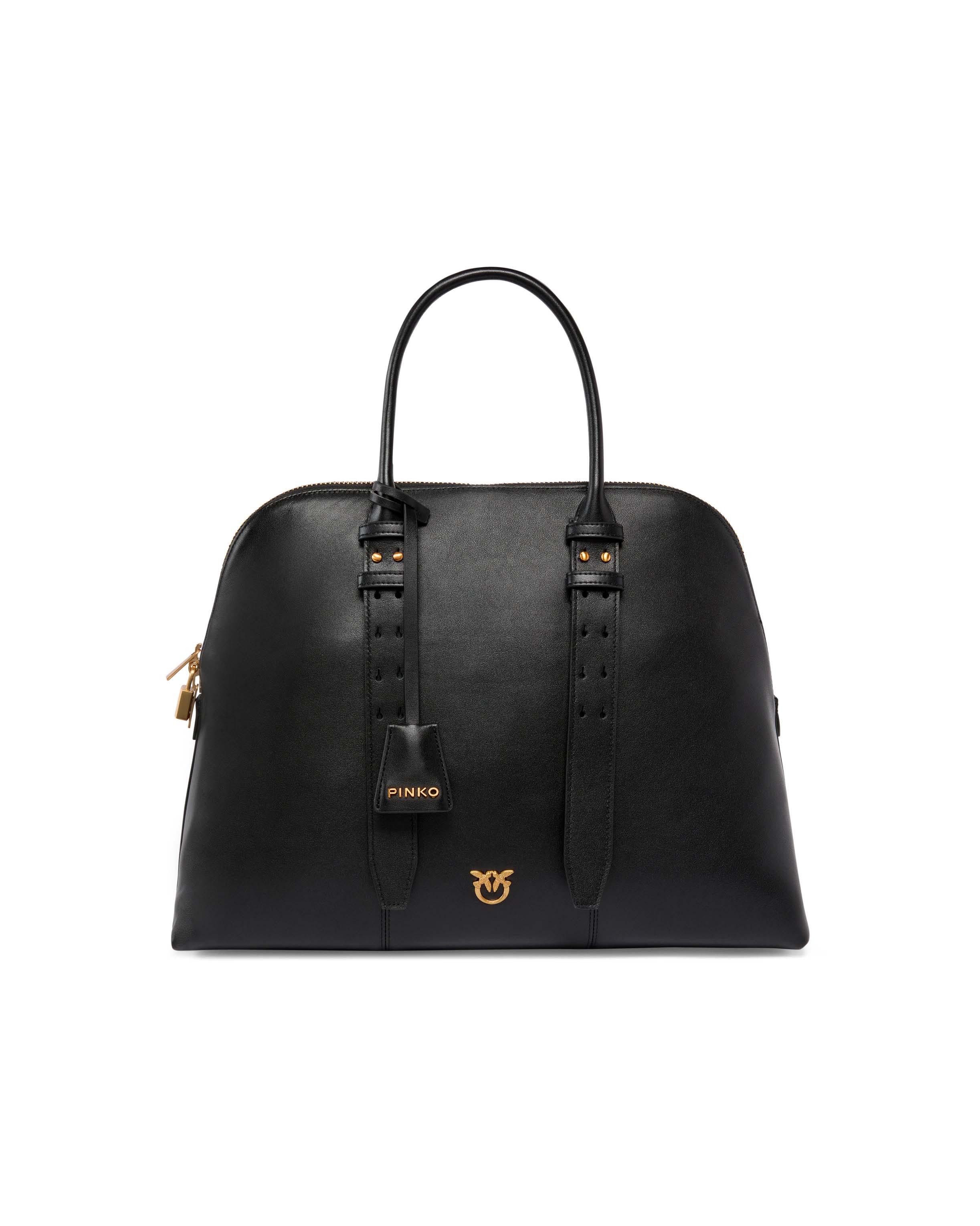 Bauletto nero Pinko in pelle liscia con manici regolabili e fibbia logo dorata sul davanti con lucchetto abbinato