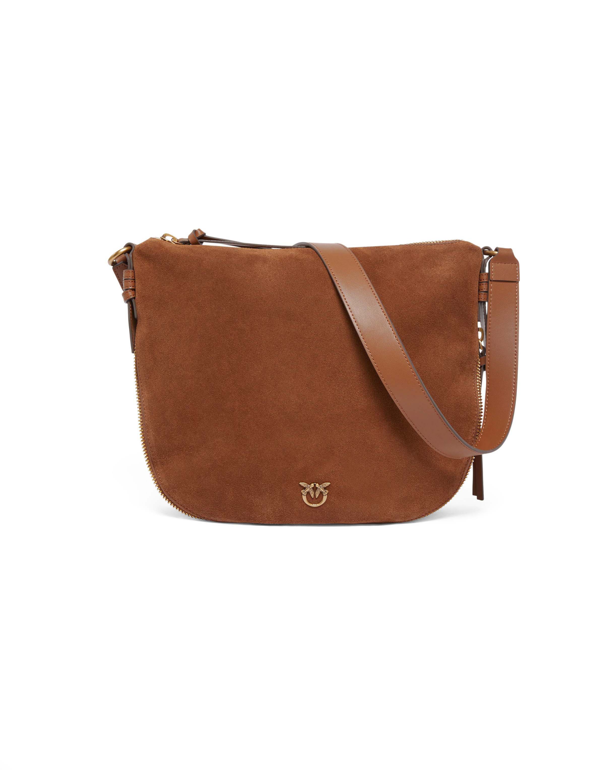 Maxi hobo bag color cuoio in suede con tracolla in pelle liscia con apertura a cerniera sul fondo