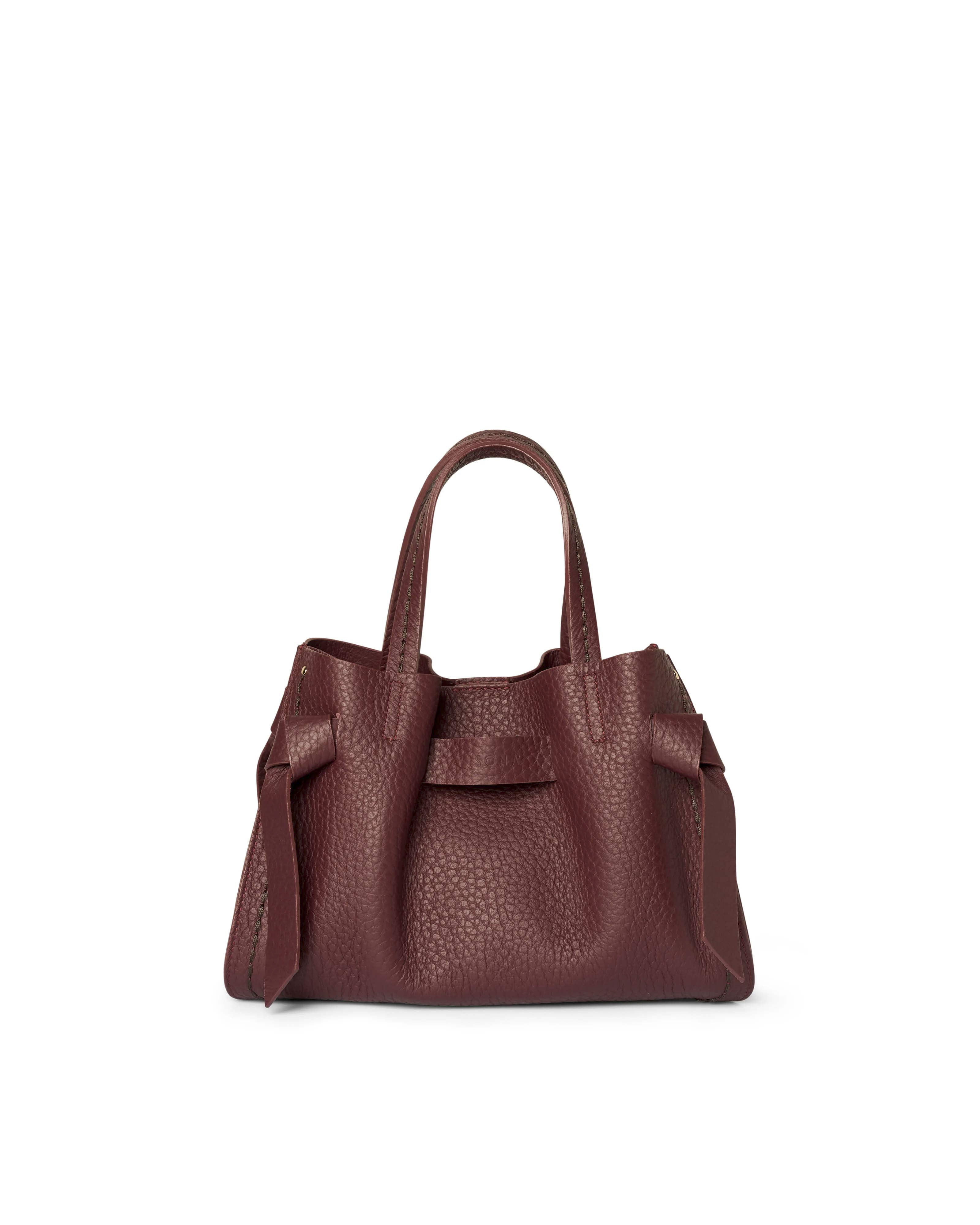 Borsa bordeaux Visonà misura piccola in pelle martellata con inserto abbinato a nodi e impunture a contrasto