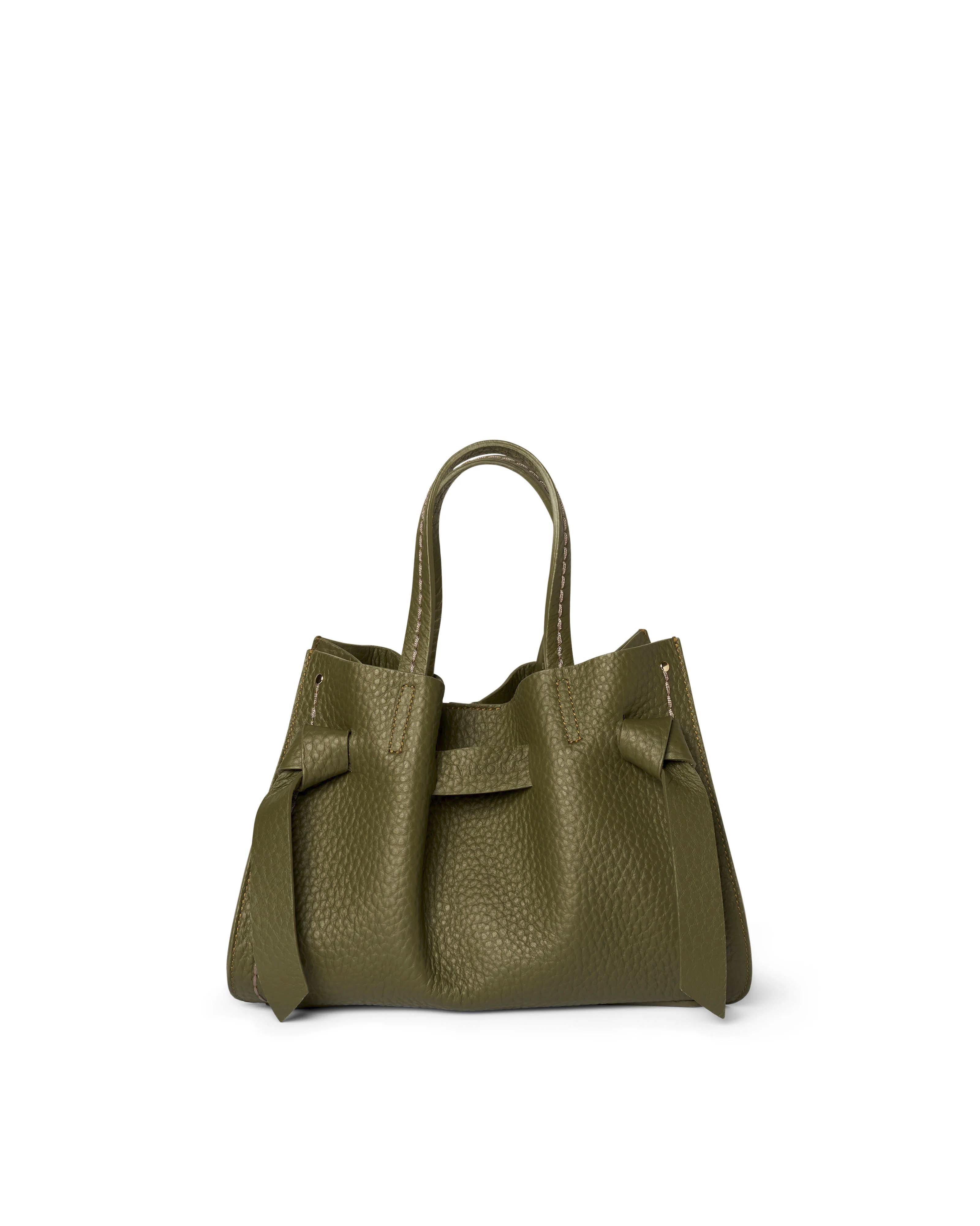 Borsa verde muschio Visonà misura piccola in pelle martellata con inserto abbinato a nodi e impunture a contrasto