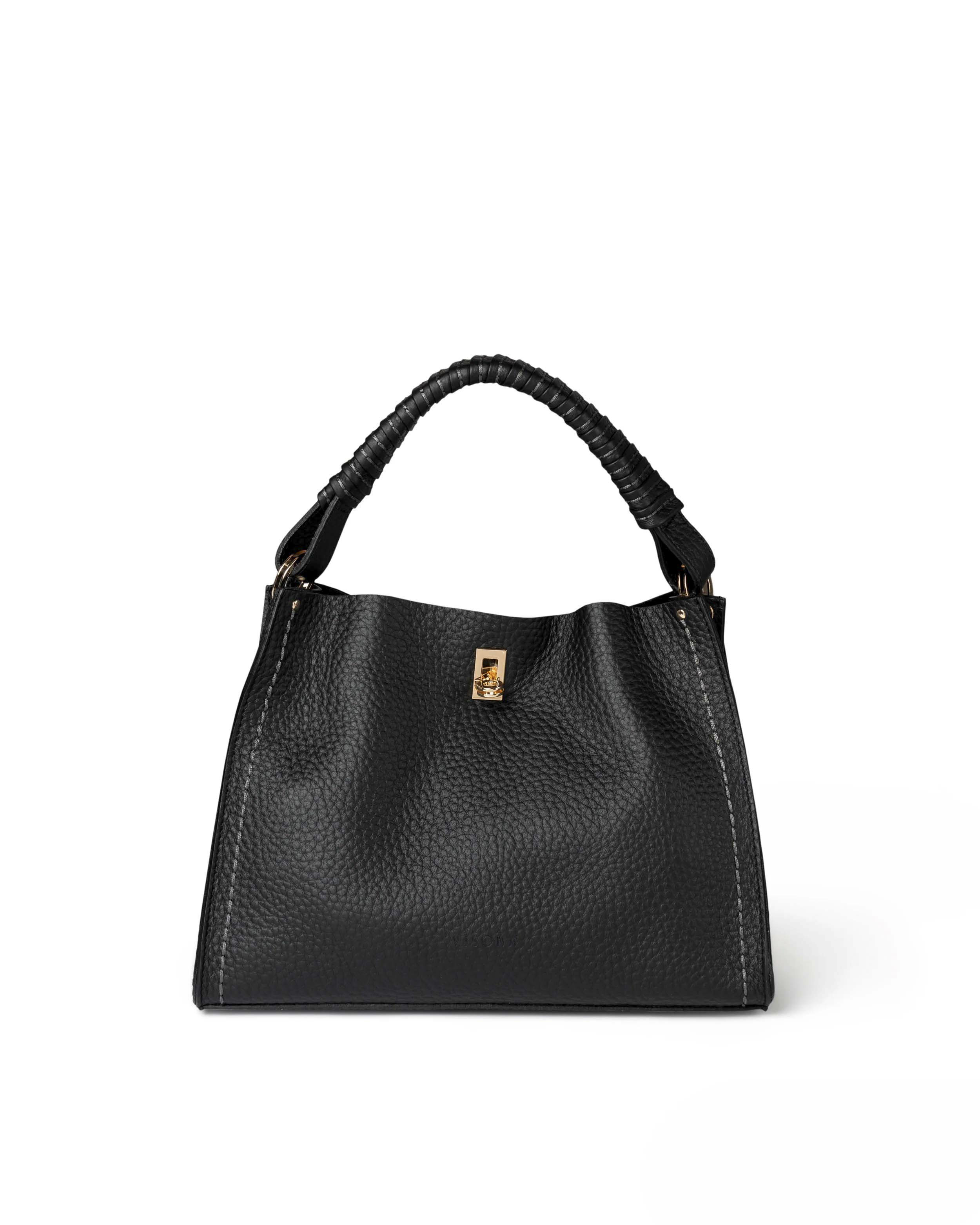 Borsa nera Visonà in pelle martellatamisura media con manico intrecciato e tracolla più lunga removibile