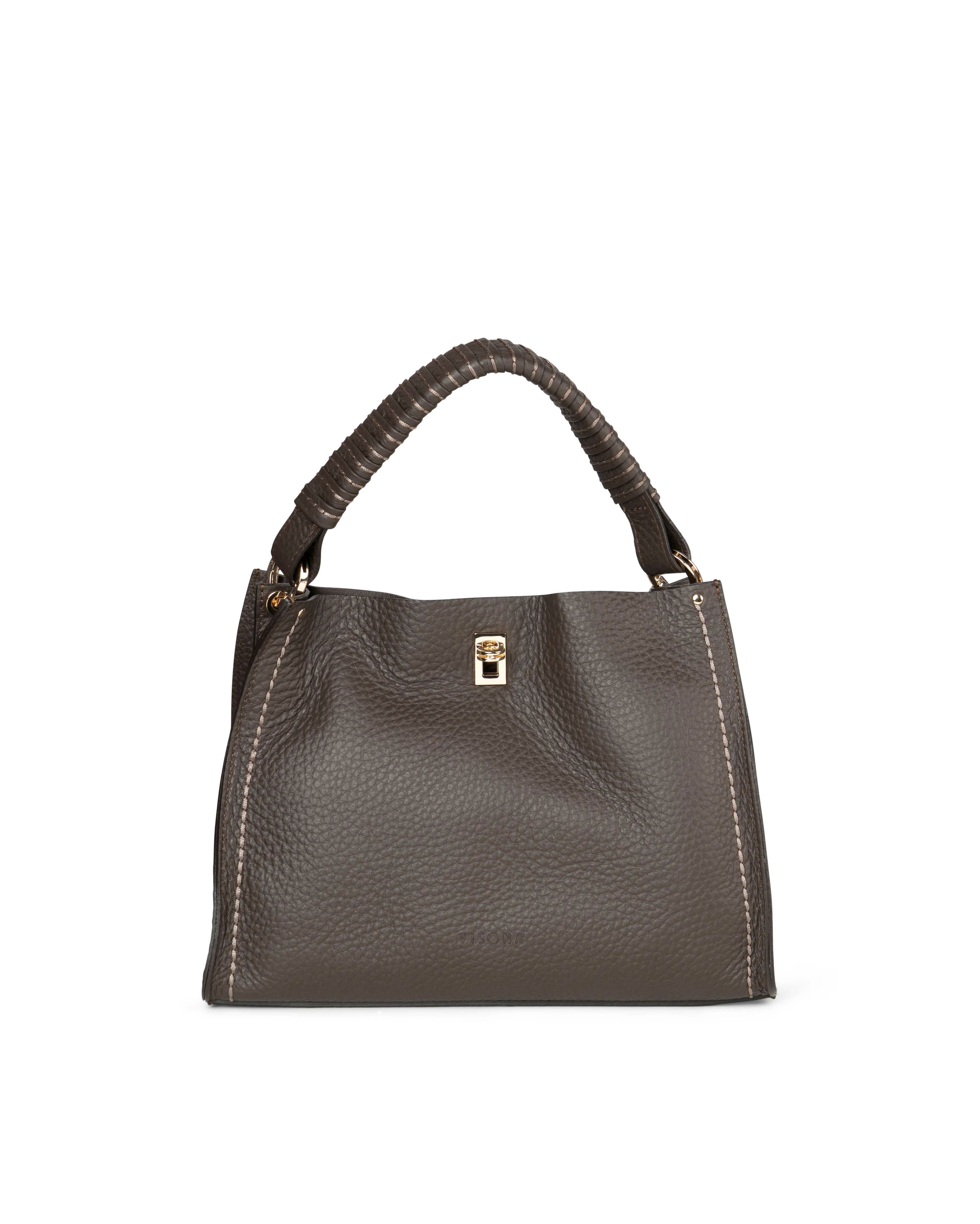 Borsa testa di moro Visonà in pelle martellatamisura media con manico intrecciato e tracolla più lunga removibile