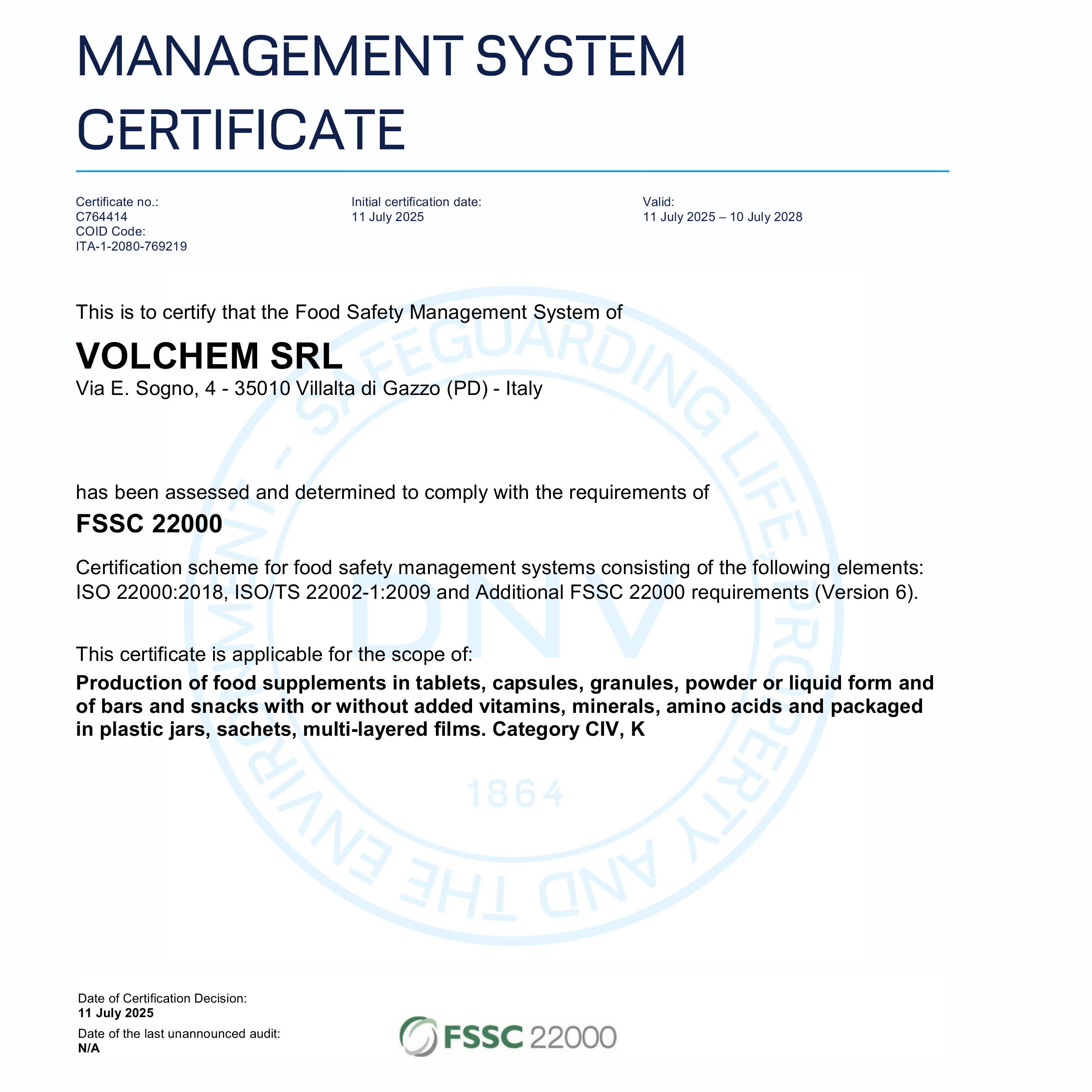 Volchem® Certificazione FSSC 22000 | Sicurezza Alimentare