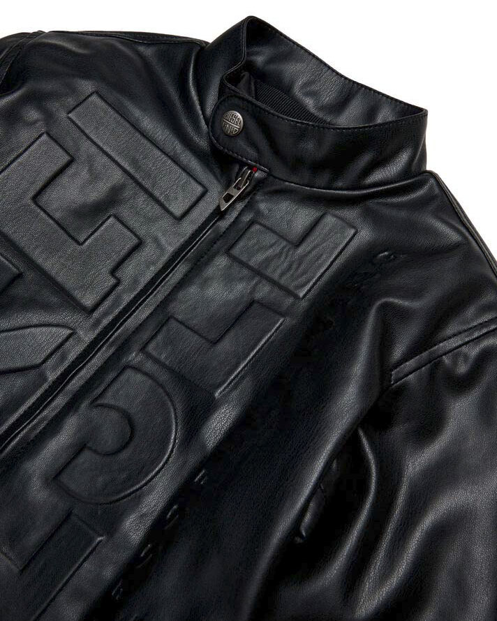 Giubbino biker Diesel in similpelle nera con maxi scritta logo in rilievo image