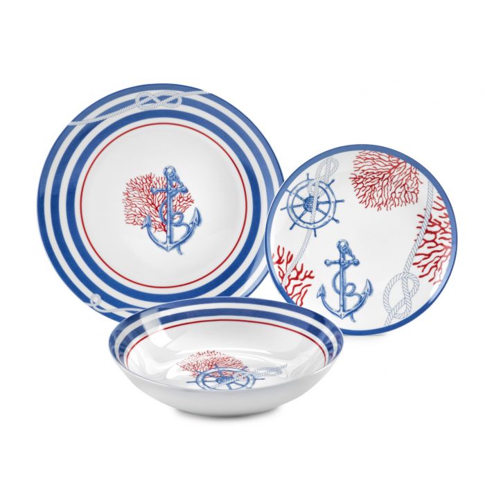 Servizio 18 pz. in Porcellana Navy Piatto Piano d.27+ Piatto Fondo d.20,5 + Piatto Frutta d.20,5 Fade