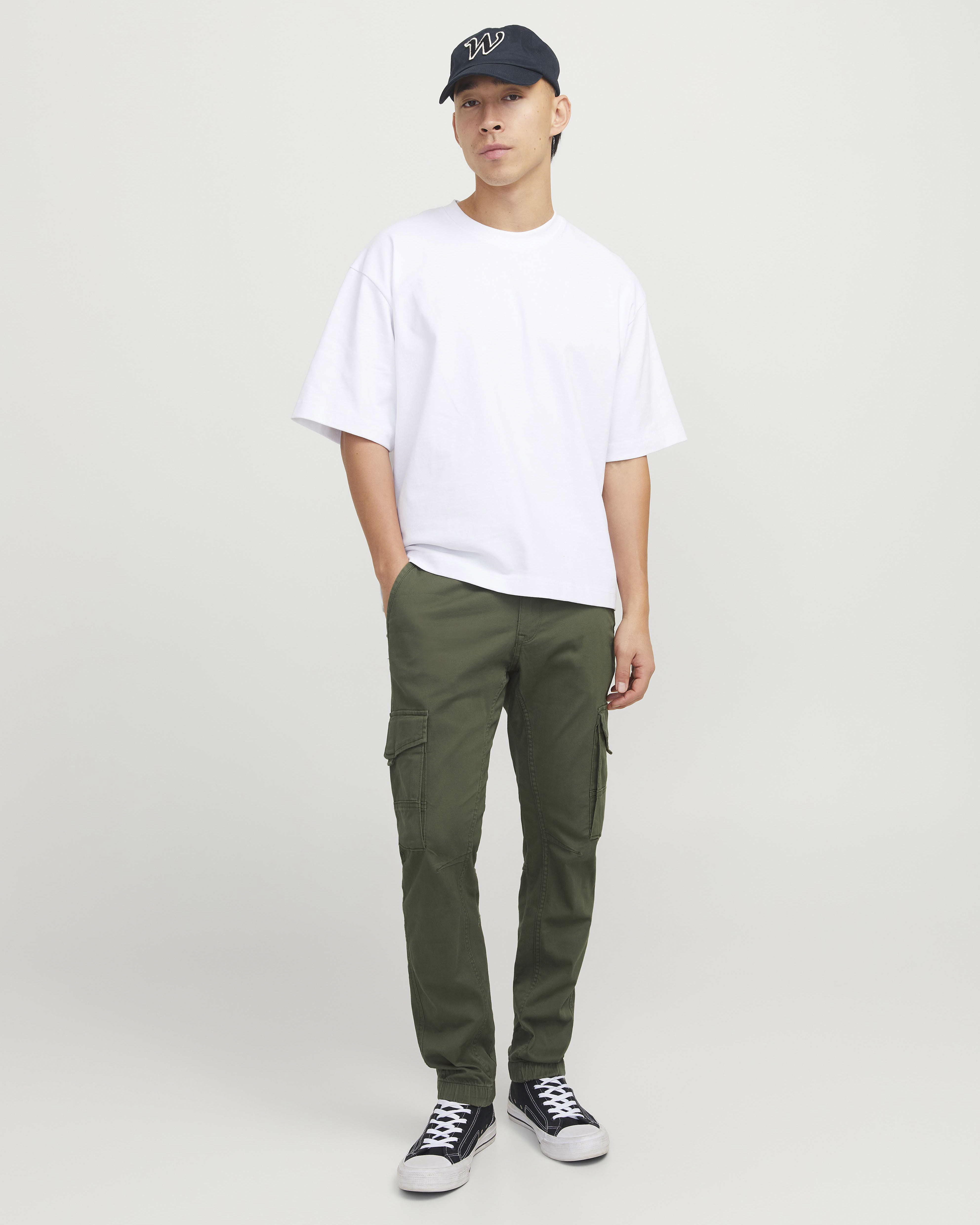 Jack & Jones — Pantalone cargo Jack & Jones slim-fit verde militare in cotone stretch con polsini alle caviglie
