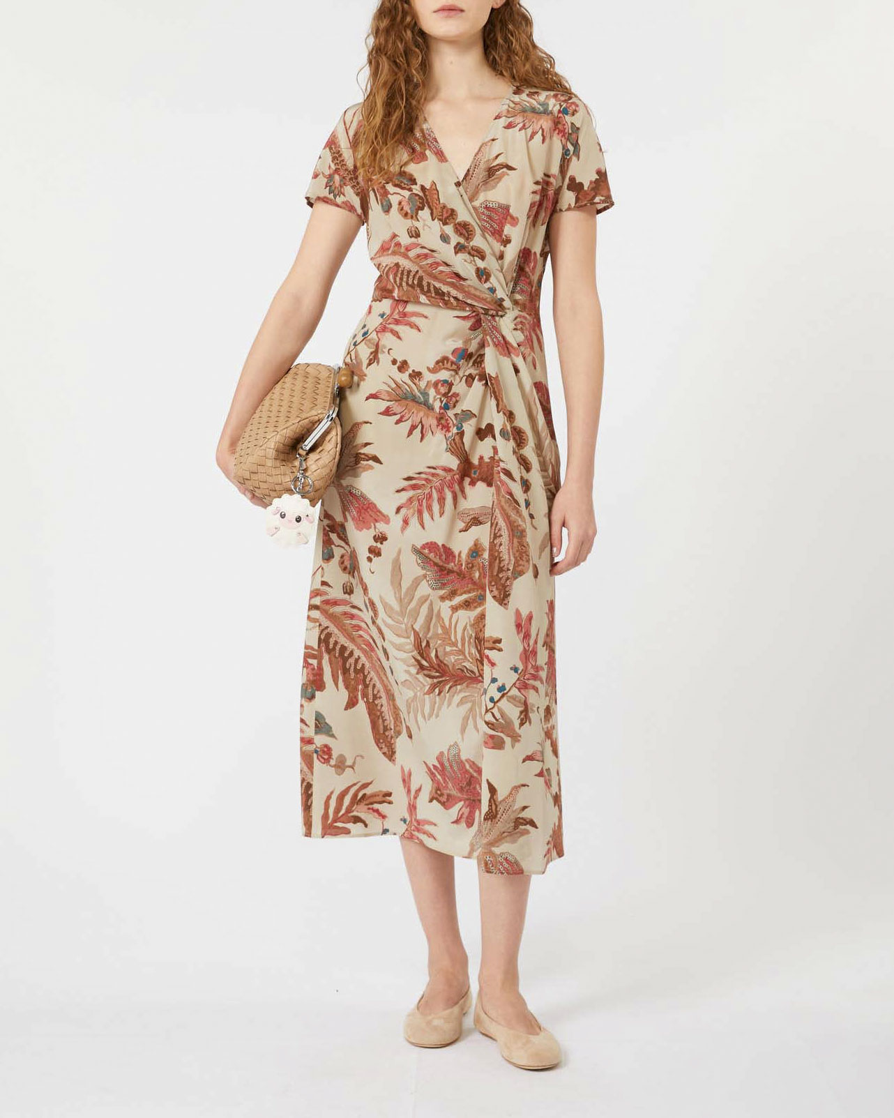 Abito midi beige Weekend Max Mara a fantasia foliage rosa con motivo a nodo sul fianco