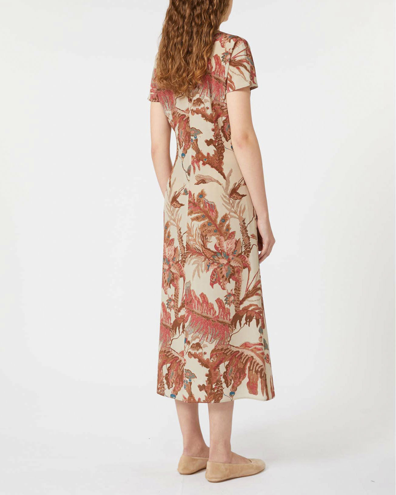 Abito midi beige Weekend Max Mara a fantasia foliage rosa con motivo a nodo sul fianco image